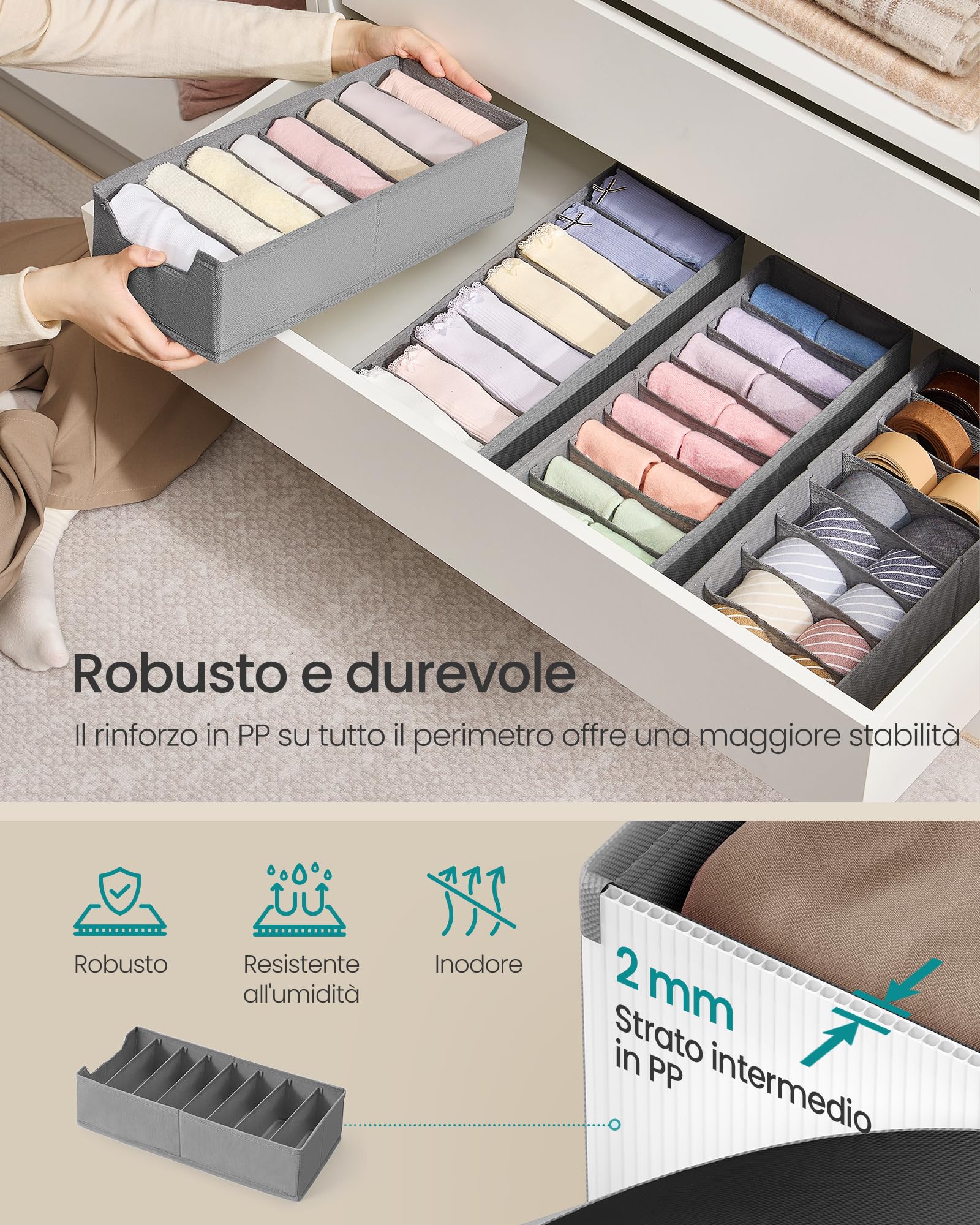 SONGMICS Set di 4 Organizer Cassetti, per Cassettiere HEMNES e MALM di IKEA, con Separatori, Organizzatori per Biancheria Intima Pieghevole, 40 x 16 x 10 cm, Grigio Tortora RUS014G01