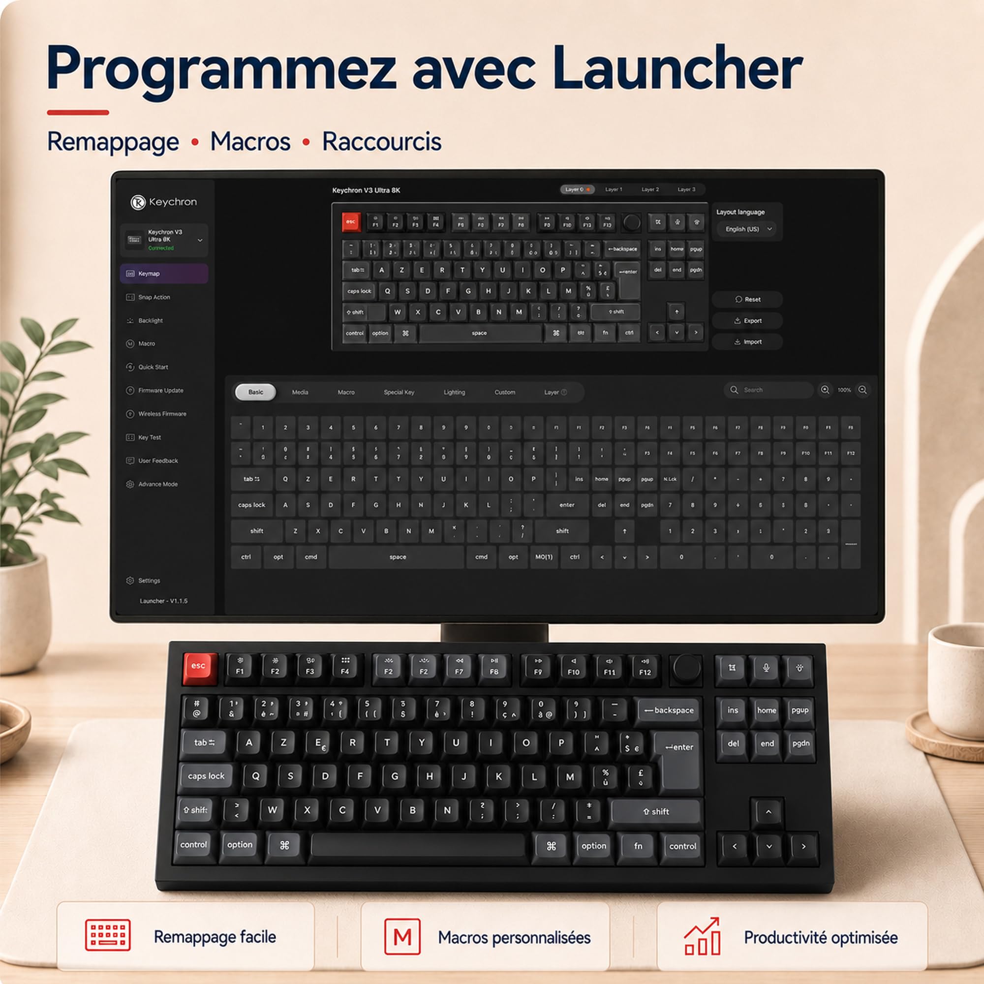 Keychron V3 Ultra 8K Clavier Mécanique sans Fil 80% Compact, 2.4GHz/Bluetooth 5.3/USB-C, Touches PBT OSA, RGB Personnalisable, Switches Rouges Pom Hot-Swap pour Mac/Windows/Linux (Disposition AZERTY)