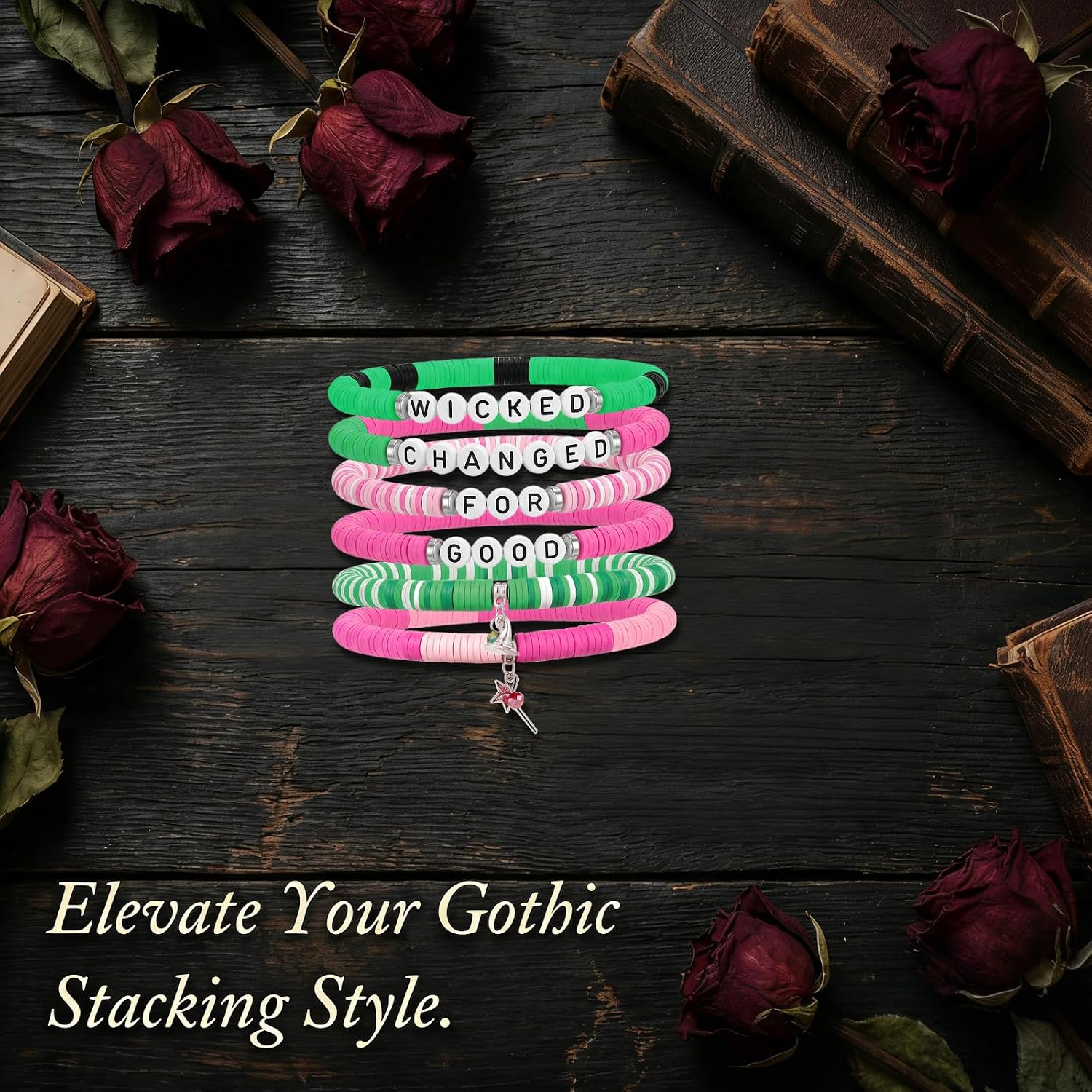 ALIBBON Elphaba Glinda Friendship Matching Bracelets Green Pink Beaded Stretch Witch Charm Bracelets for Women