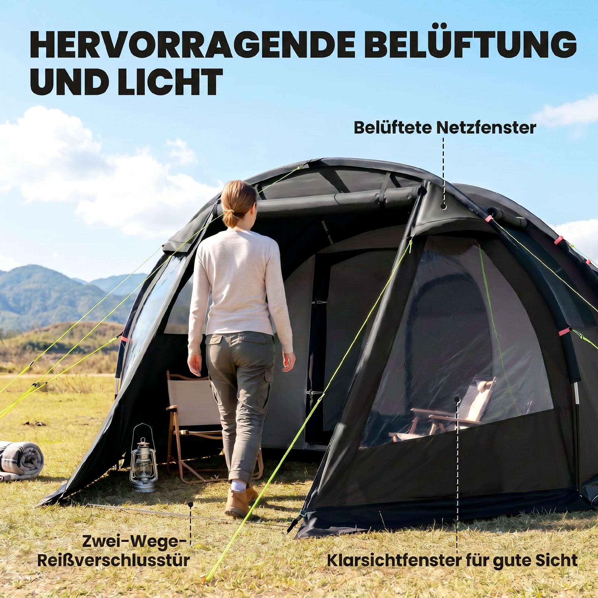 Outsunny Campingzelt für 3 Personen leicht, stabil Familienzelt mit Tür Fenster, Packtasche, groß Tunnelzelt mit 2000mm Wassersäule Zelt für Camping Reise Trekking Garten