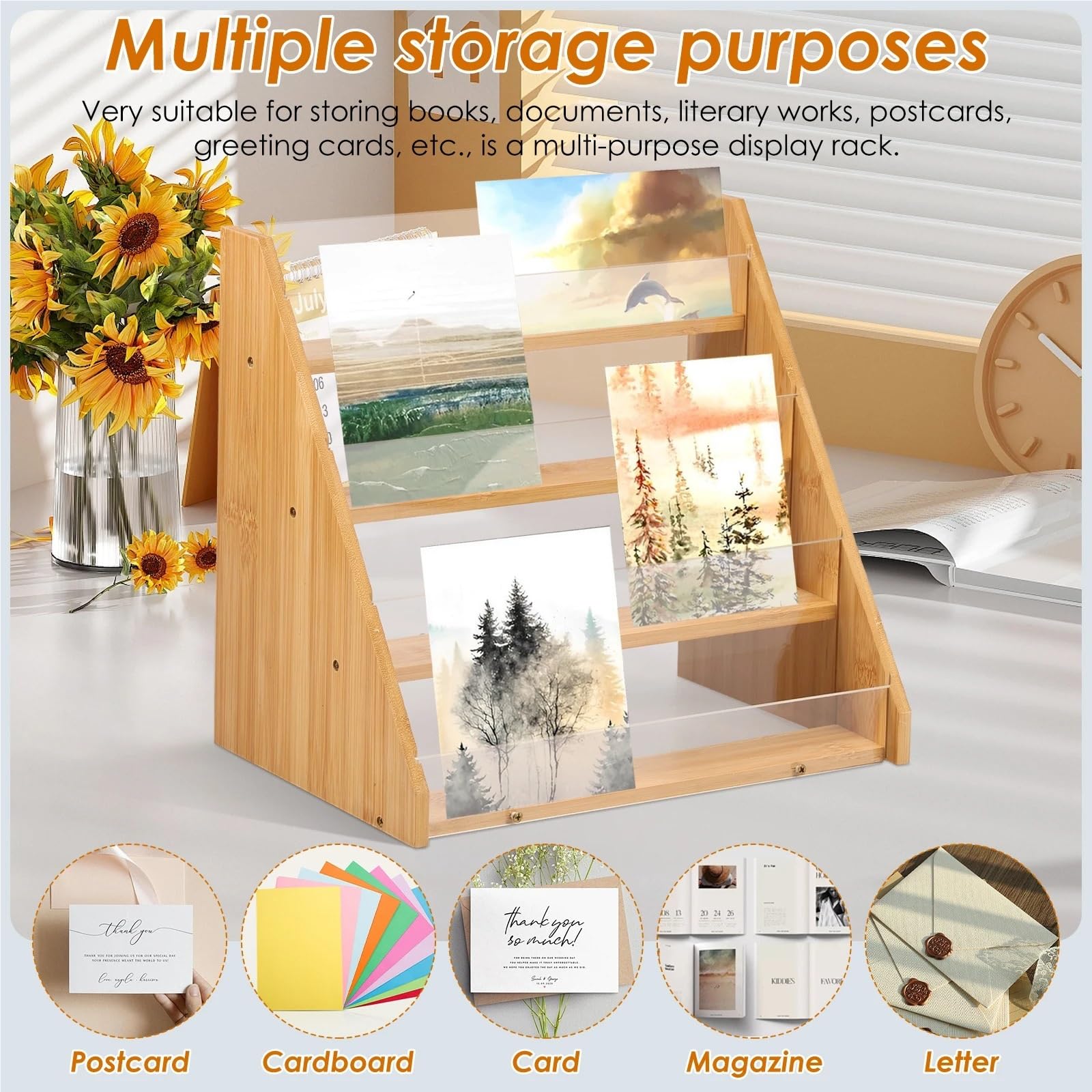 Présentoir pour Cartes De Vœux Présentoir de Cartes de vœux en Bois, Porte-Cartes de vœux à 4 Niveaux, présentoir for Photos et Cartes Postales