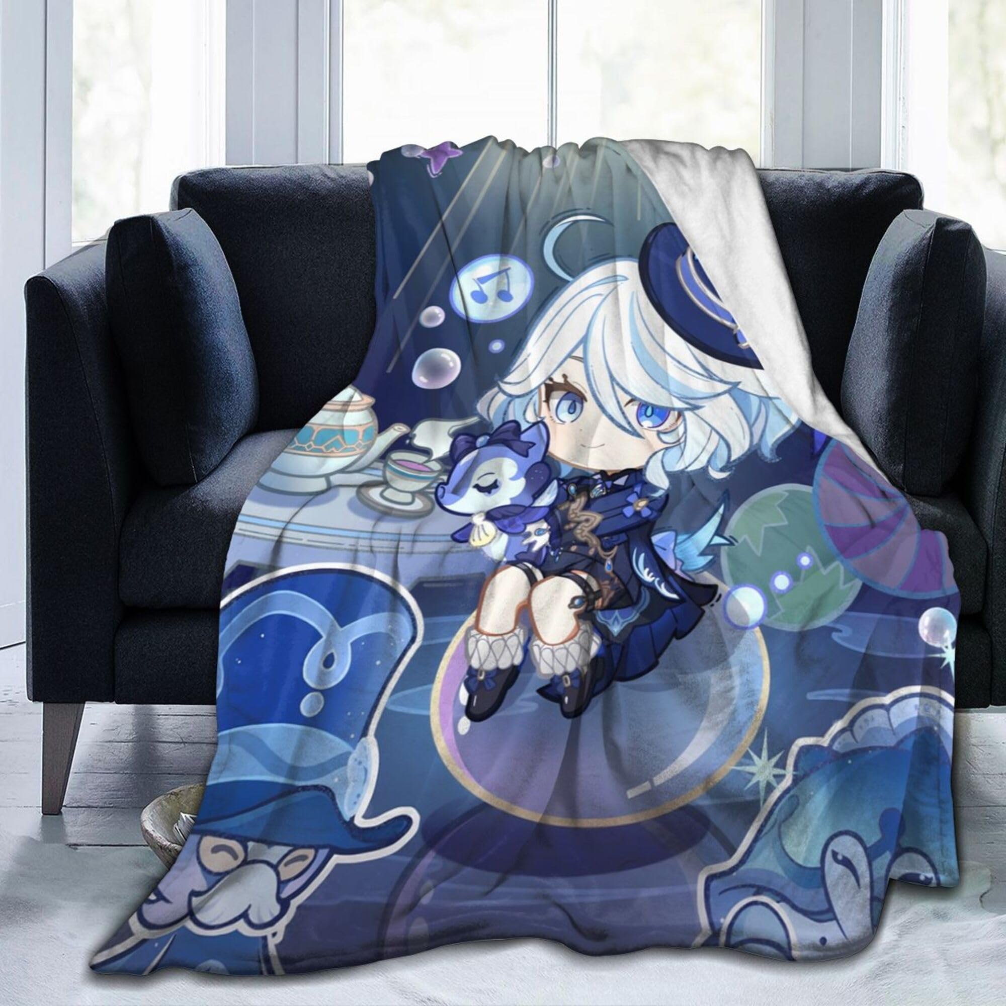 Cute Chibi Plush Blanket Ultra Soft Game Flannel Fleece Blanket Lightweight Warm Throw Blanket Decoration Gift (Furina Blanket) 80""x60""