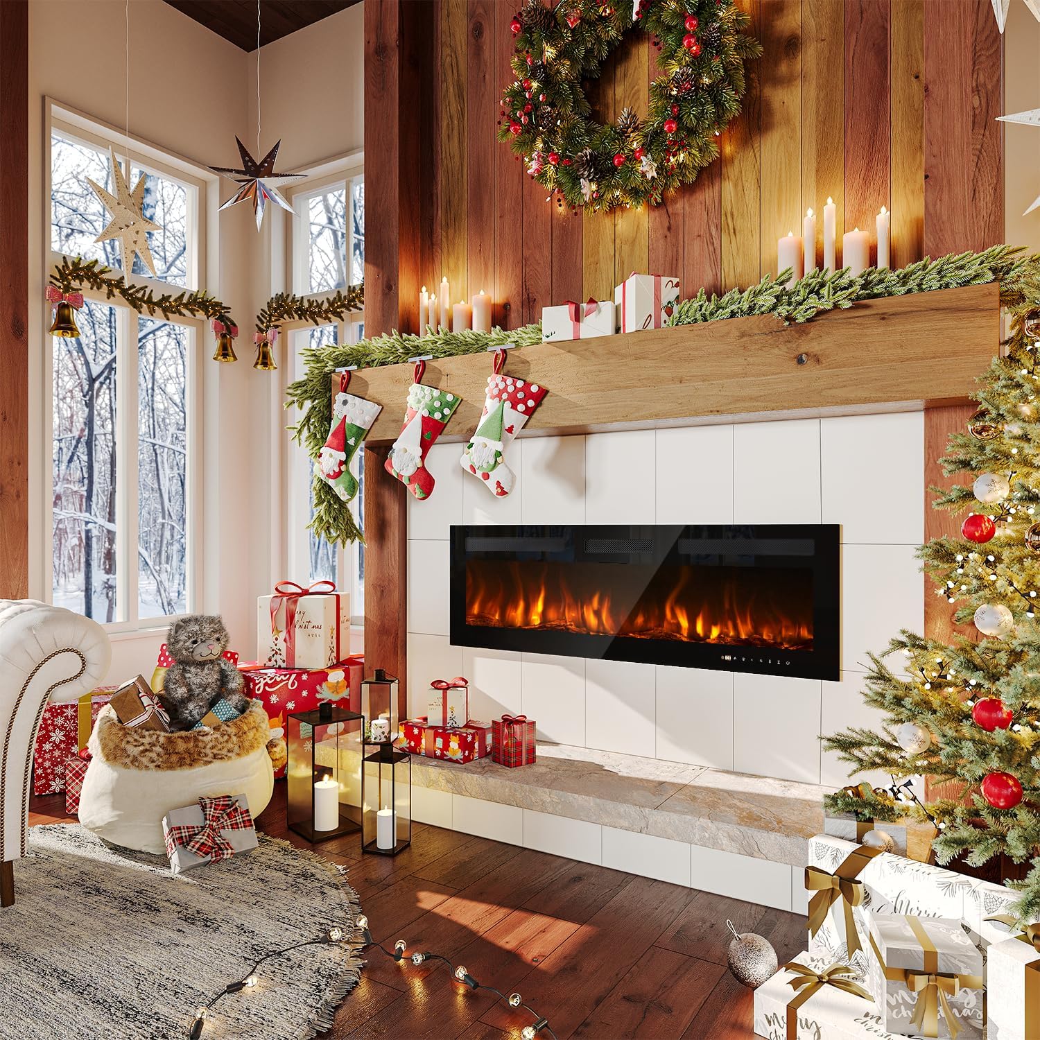 Electric Fireplace, 50 inch Wide Recessed/Wall Mounted Electric Fireplace, Remote Control with Timer, 12 Adjustable Color Flame, Log Set & with Crystal Stone, 750/1500W