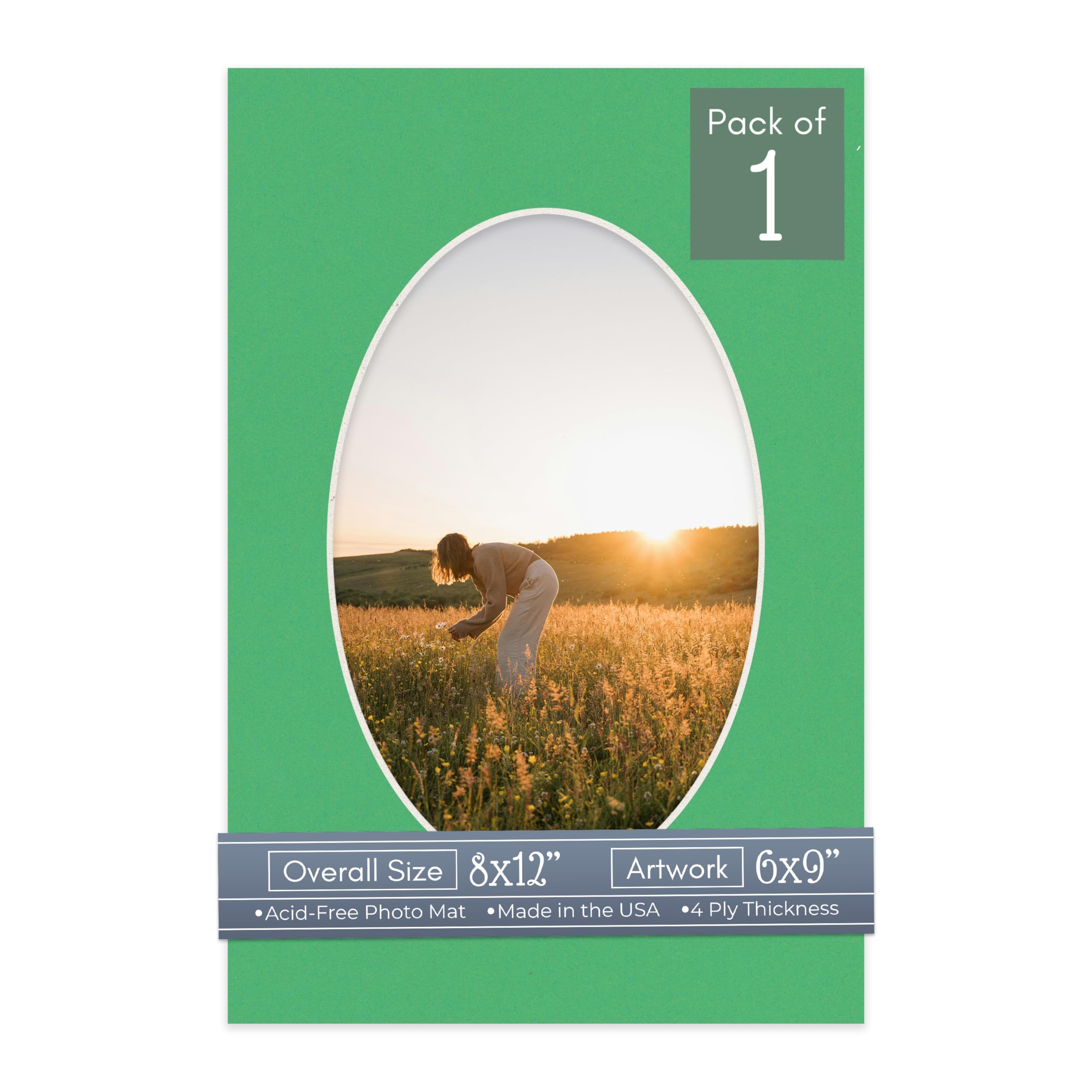 CountryArtHouse Bright Green Acid Free 8x12 Oval Picture Frame Mat with White Core Bevel Cut for 6x9 Pictures - Fits 8x12 Frame - Pack of 1 Matboard Show Kit with Acid Free Backing & Clear Bag-image-47