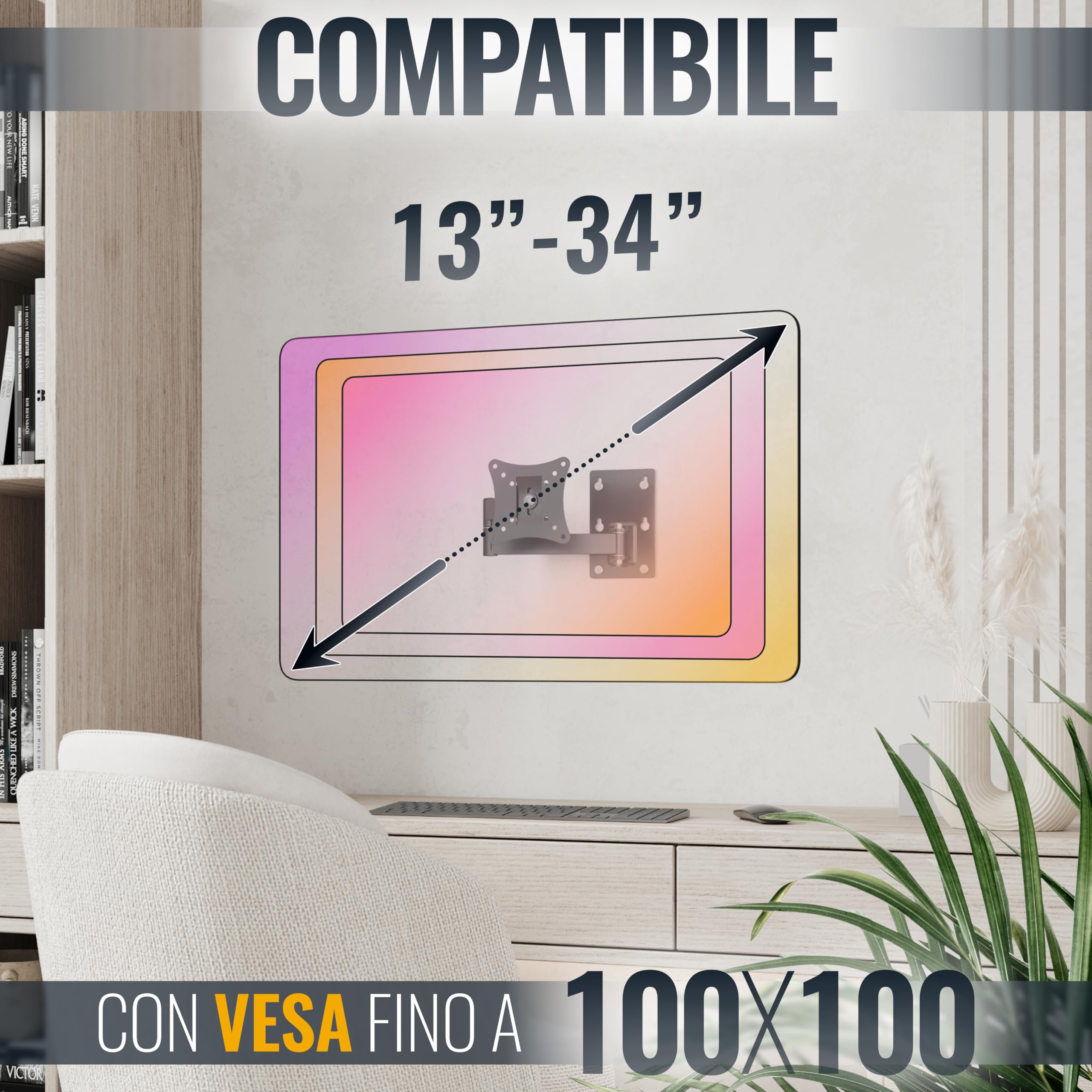 RICOO R02-11 Supporto TV da parete Staffa TV 13-34 pollici per 13 34 pollici girevole inclinabile fino a 20 kg max VESA 100x100 | Supporto per TV da parete, orientabile, VESA 75 x 75, 100 x 100, supporto per monitor curvo