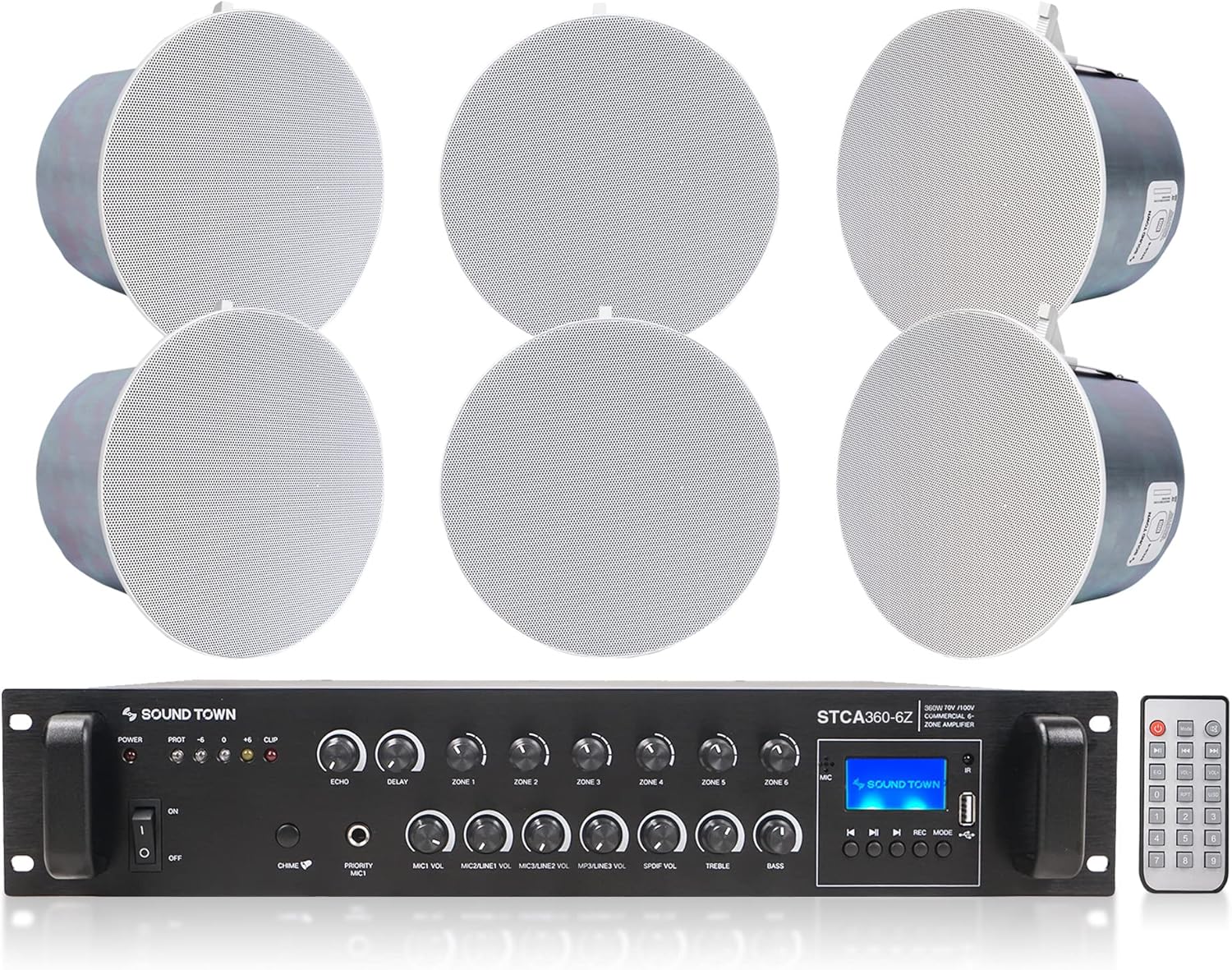 Sound Town 6-Zone 70V/100V Commercial Amplifier and 6 in-Ceiling 6” Installation Speaker System, for Restaurants, Bars, Cafes, Schools, Churches, White