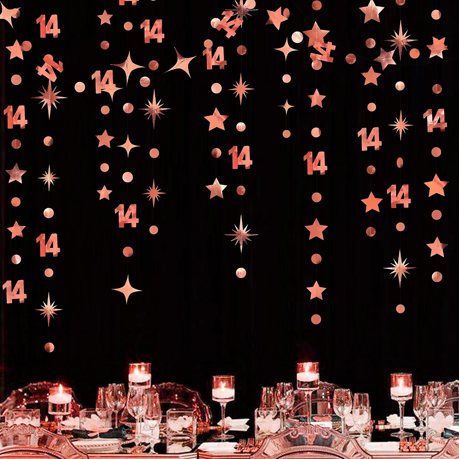 52Ft Rose Gold 14th Birthday Decorations Number 14 Circle Dot Star Garland Metallic Hanging Streamer Banner Backdrop for Girls Happy 14 Year Old Fabulous Birthday Fourteen Anniversary Party Supplies image 4