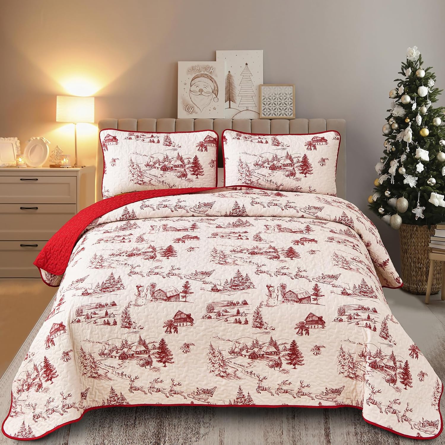 Yiran Red White Christmas Quilt Set Bedding Set Christmas Deer Snowman Village Coverlet Lightweight Soft Microfiber Coverlet Bedspread King Size 104"x90"