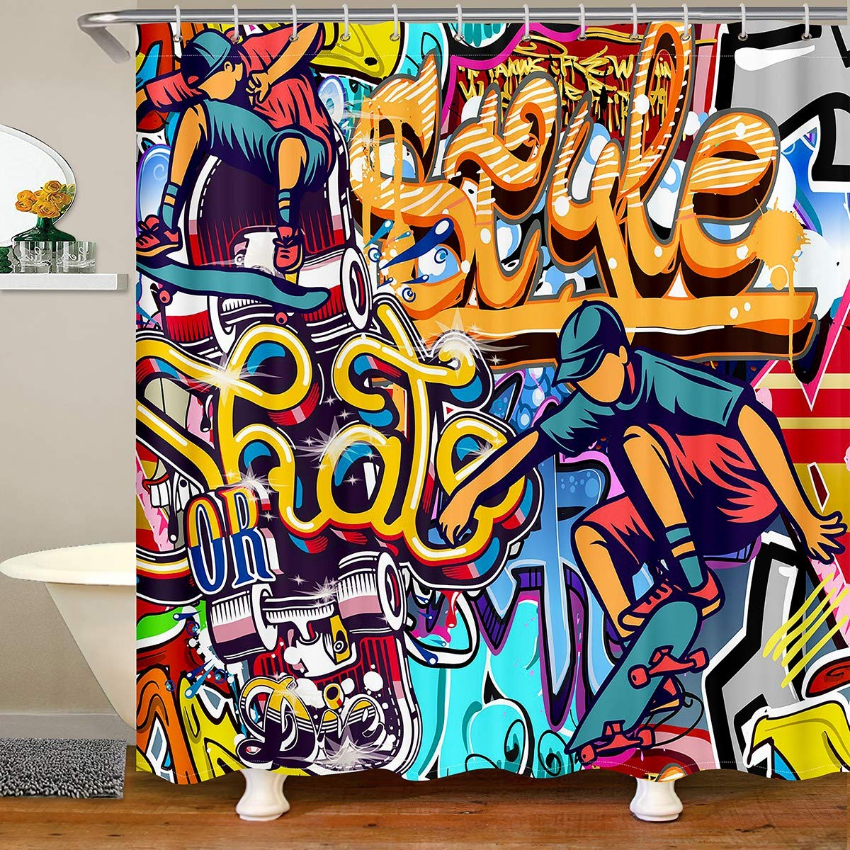 Loussiesd Skateboard Shower Curtain for Stalls Bathtubs Hip Hop Bathroom Shower Curtain Set Decorative Hipster Bath Curtain Extreme Sports Theme Colorful Waterproof Bathroom Curtains 180x200cm