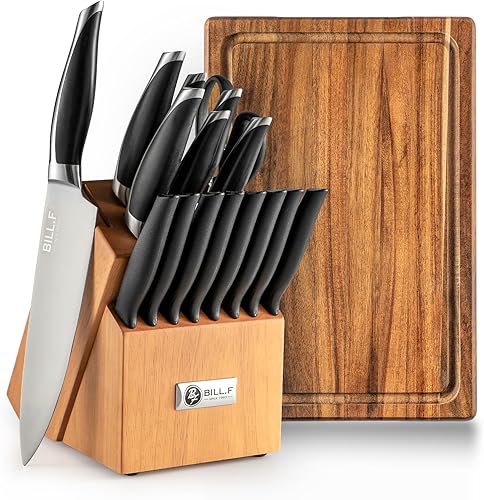 Miniatura 2 de Juego de cuchillos de cocina de madera para cocina con bloque de cuchillos de acero inoxidable, 16 piezas y tabla de cortar con ranura, cuchillos de