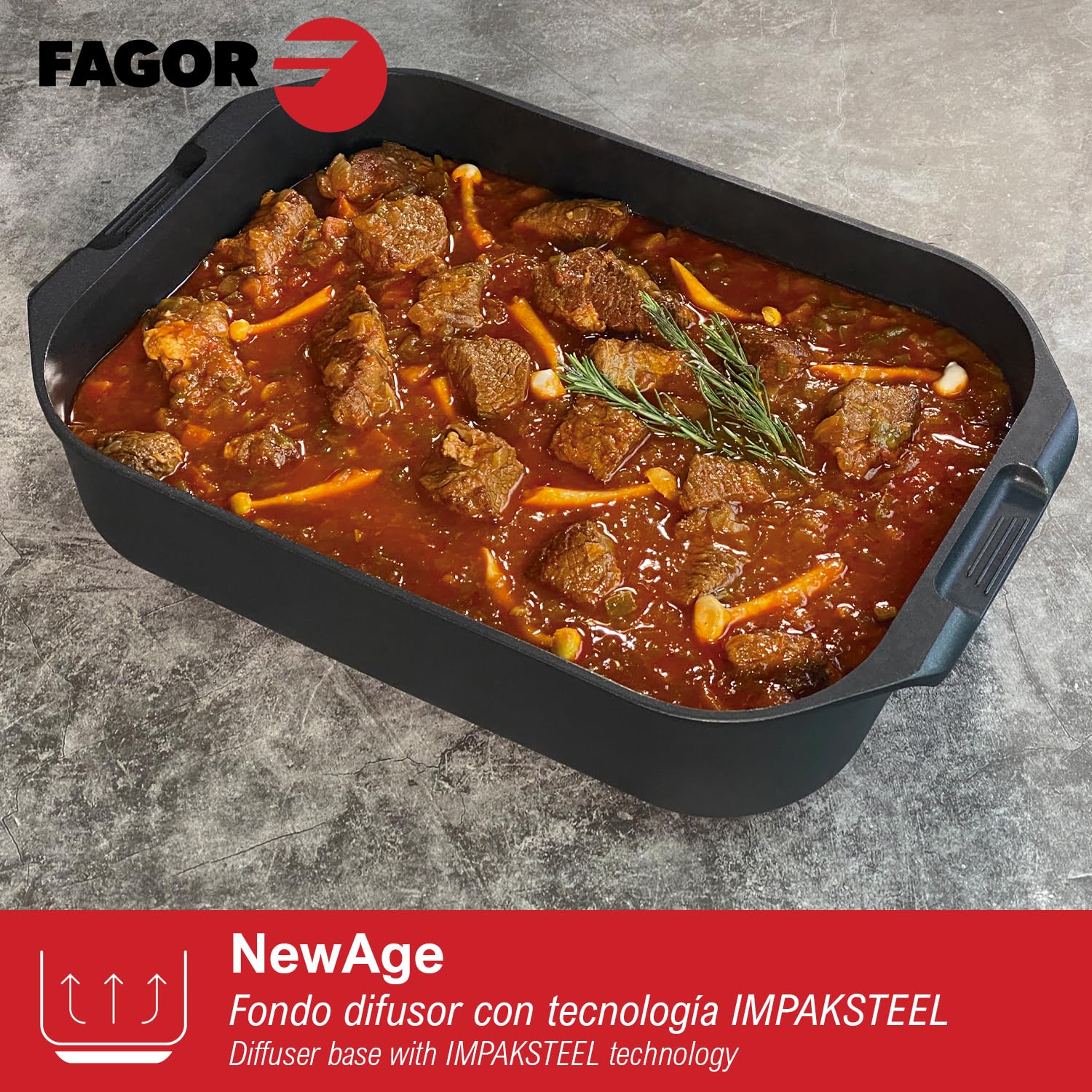 Fagor NewAge Rustidera/Asador rectangular 40 x 25 cm, cuerpo fabricado en aluminio fundido, antiadherente bicapa, tapa de vidrio termo resistente, innovador pomo con aromatizador