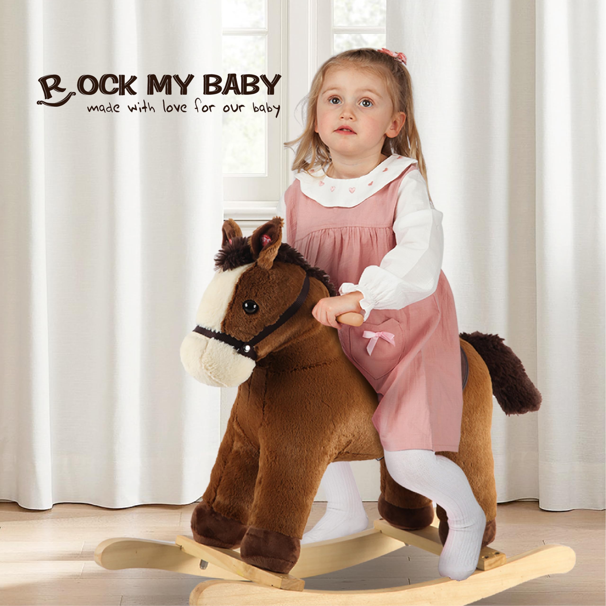 Gioco di cavallo a dondolo marrone scuro per bambini dai 18 mesi in su, giocattolo in peluche con suono realistico, imbottitura morbida, certificato CPC (marrone chiaro)
