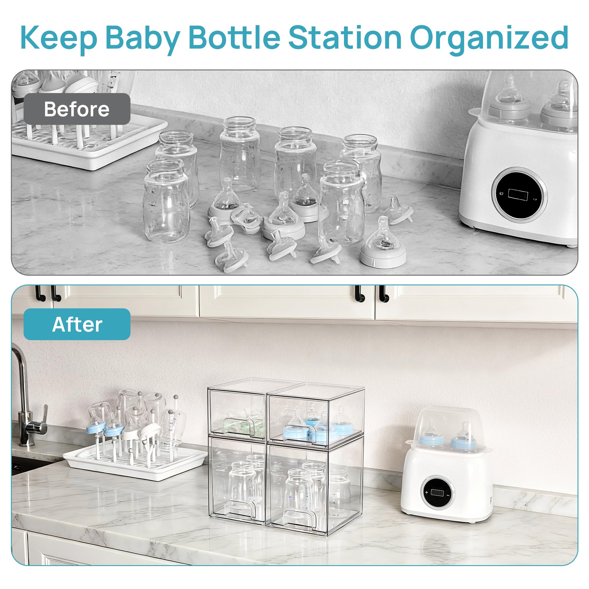 Vtopmart Set di 4 organizer trasparenti per biberon, cassetti impilabili, ideali per piani di lavoro, vanità, bagno, armadio, dispensa