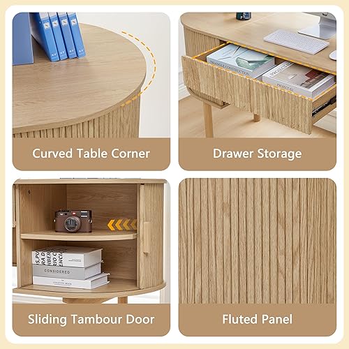 Miniatura 5 de ORRD Escritorio ovalado para oficina en casa con puerta corredera y cajón, moderno escritorio ejecutivo de madera acanalada para almacenamiento de