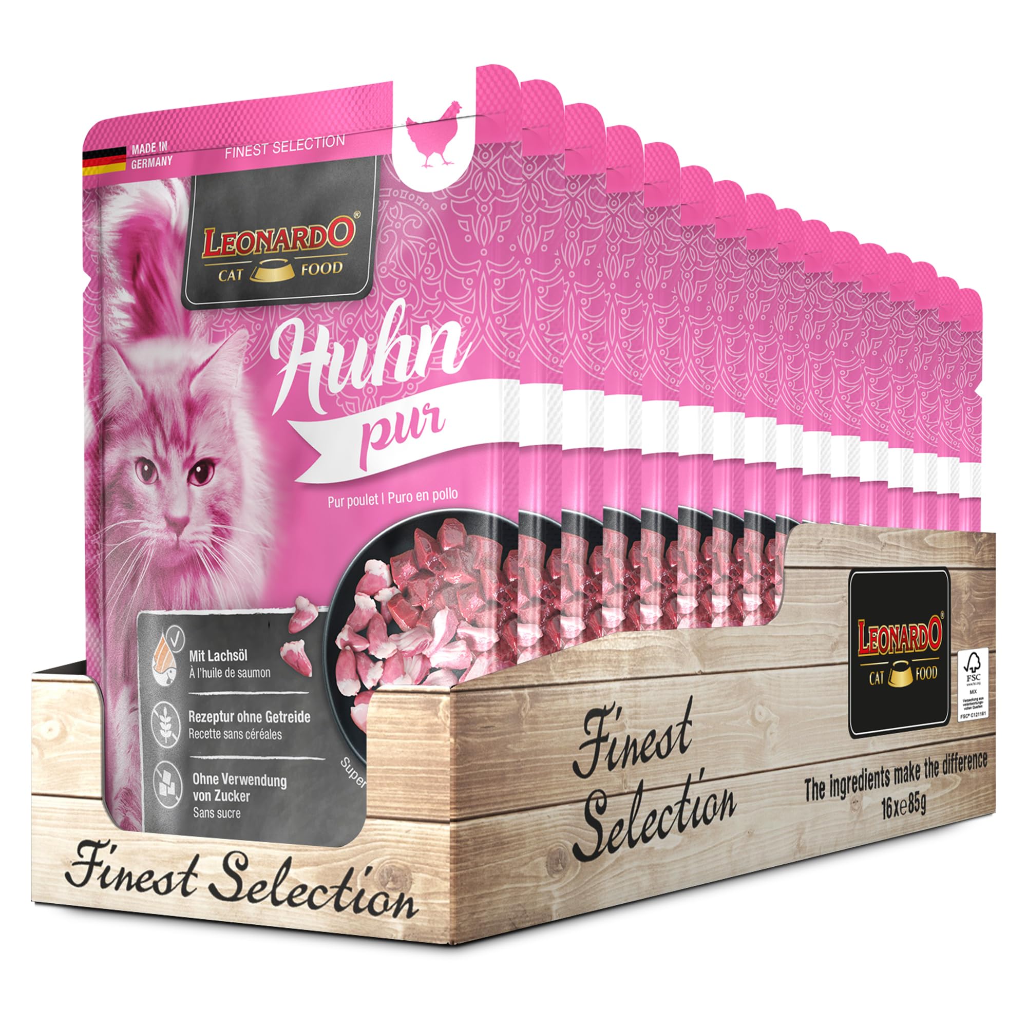 LEONARDO Frischebeutel [16x85g Huhn pur] | Getreidefreies Nassfutter für Katzen | Feuchtfutter Alleinfutter im Einzelportionsbeutel