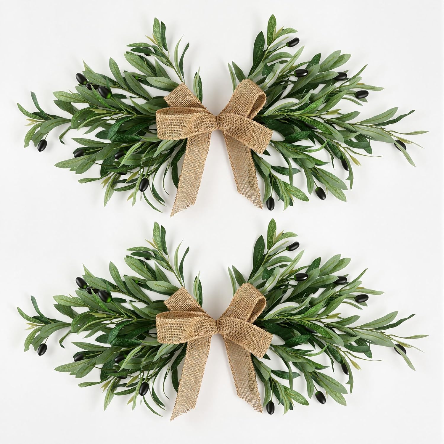 24" Handmade Artificial Olive Swag (2PC), Realistic Greenery Swag with Natural Burlap Bow, Easy to Hang Symmetrical Olive Branch Wreath for Front Door, Wedding Arch, Mantle & Farmhouse