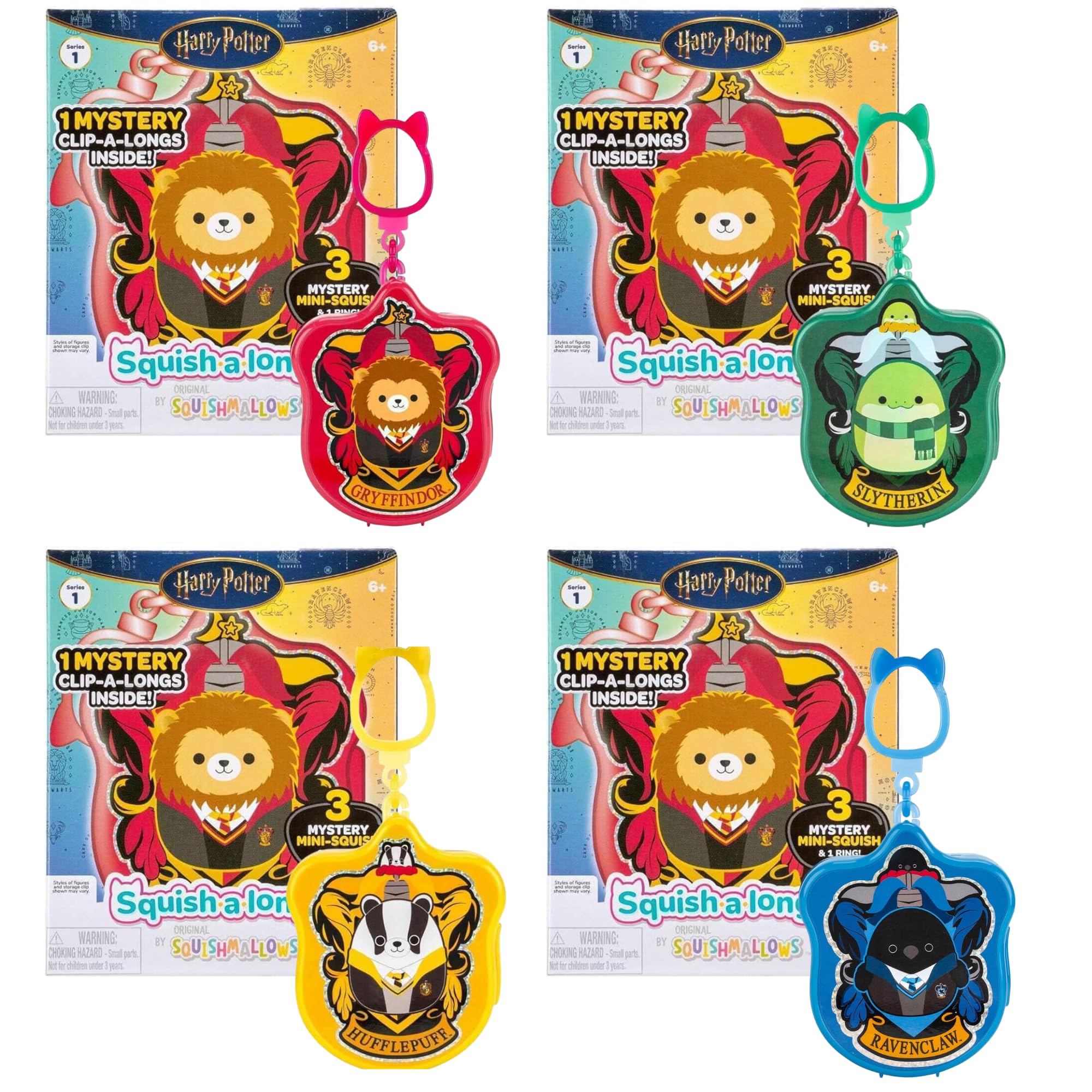 Wizarding World Jazwares Squish-A-Longs - (Series 1 Harry Potter Set of ALL 4 Houses Blind Boxes Each Contain 1 Clip-A-Long, 1x Ring & 3x Mini-Squish)