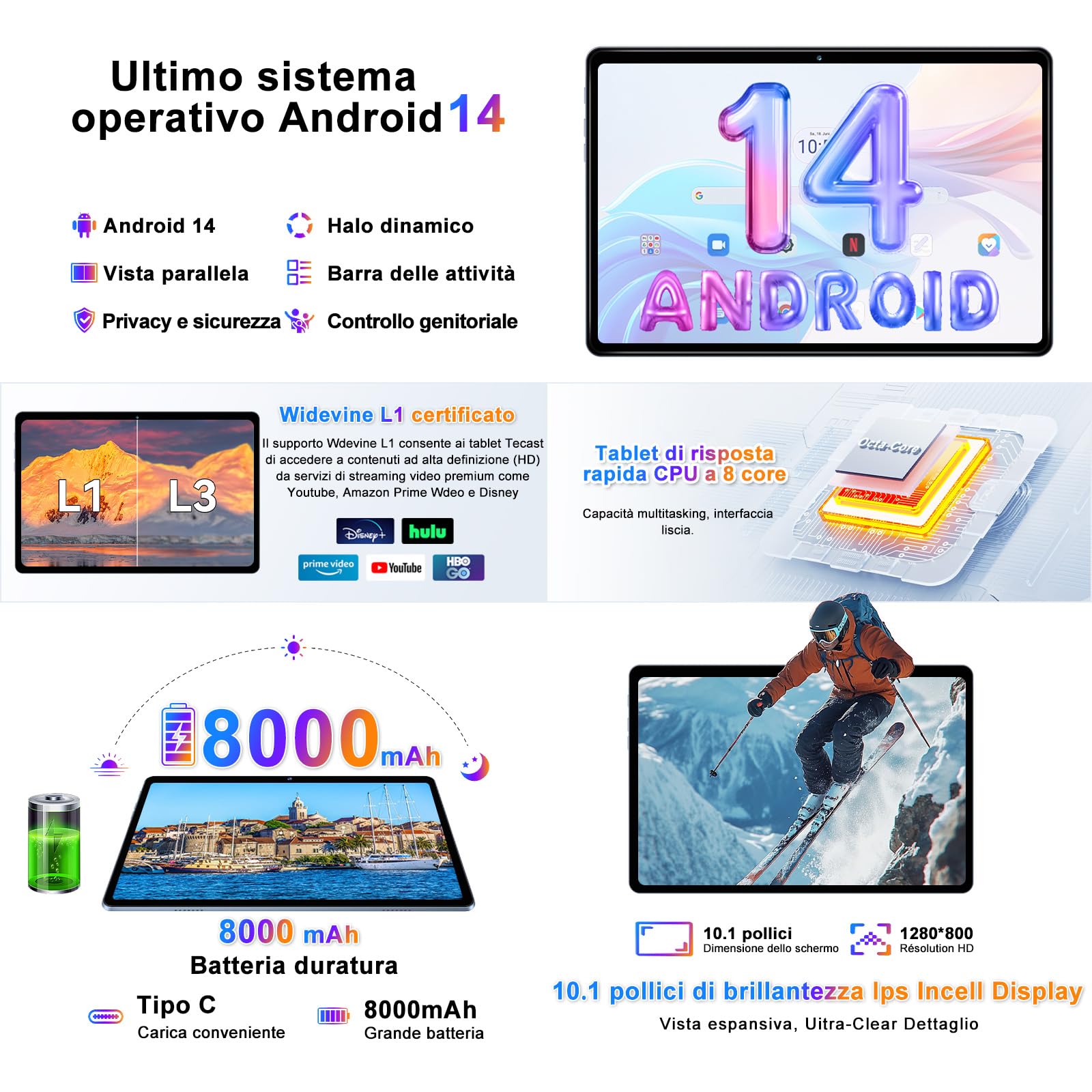 fezawio F10 Tablet 10 Pollici, Tablet Android 14, 22 GB RAM+128 GB ROM |1TB TF |8000mAh |5G Wi-Fi |Octa-Core |Widevine L1 |2.0Ghz Tablet PC Con Tastiera Mouse Fondina, Migliore Regalo-Grigio