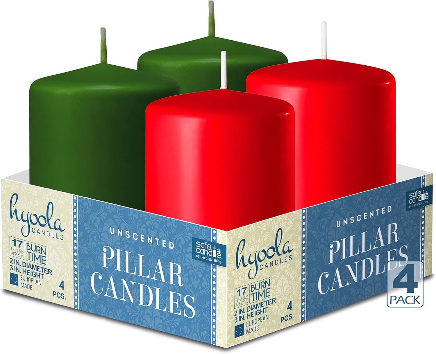 Hyoola Holiday Pillar Candles 2x3 Inch - Green and Red Pillar Candles - 4 Pack - Unscented Christmas Candles - European Made