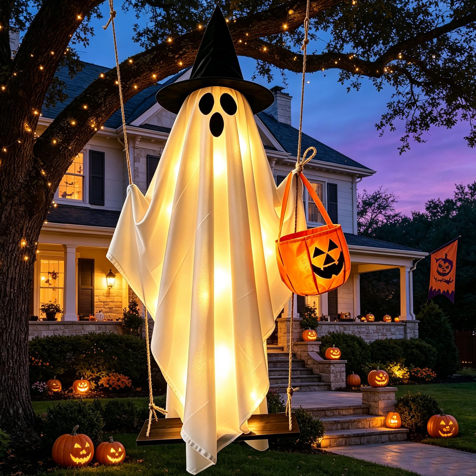Halloween Deko Outdoor Leuchtend Geister Hängend mit Lichterkette 1.5M (A) | Hängende Geister Schaukel mit Kürbis Tüten, Gruselige Leuchtend Geist mit Hexenhut Auf Holzschaukel für Halloween Deko Garten