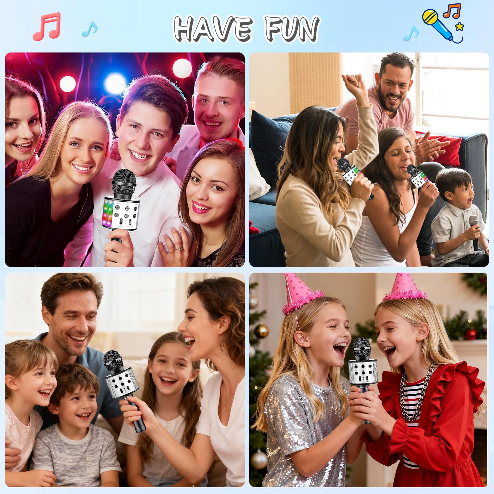 Microphone Karaoké sans Fil Bluetooth avec Lumière LED Multi Couleur, Microphone Karaoke pour Enfants/Adultes Chanter Club Noël Anniversaire Soiree Famille Youtube Live, Idée Cadeau (Noir)