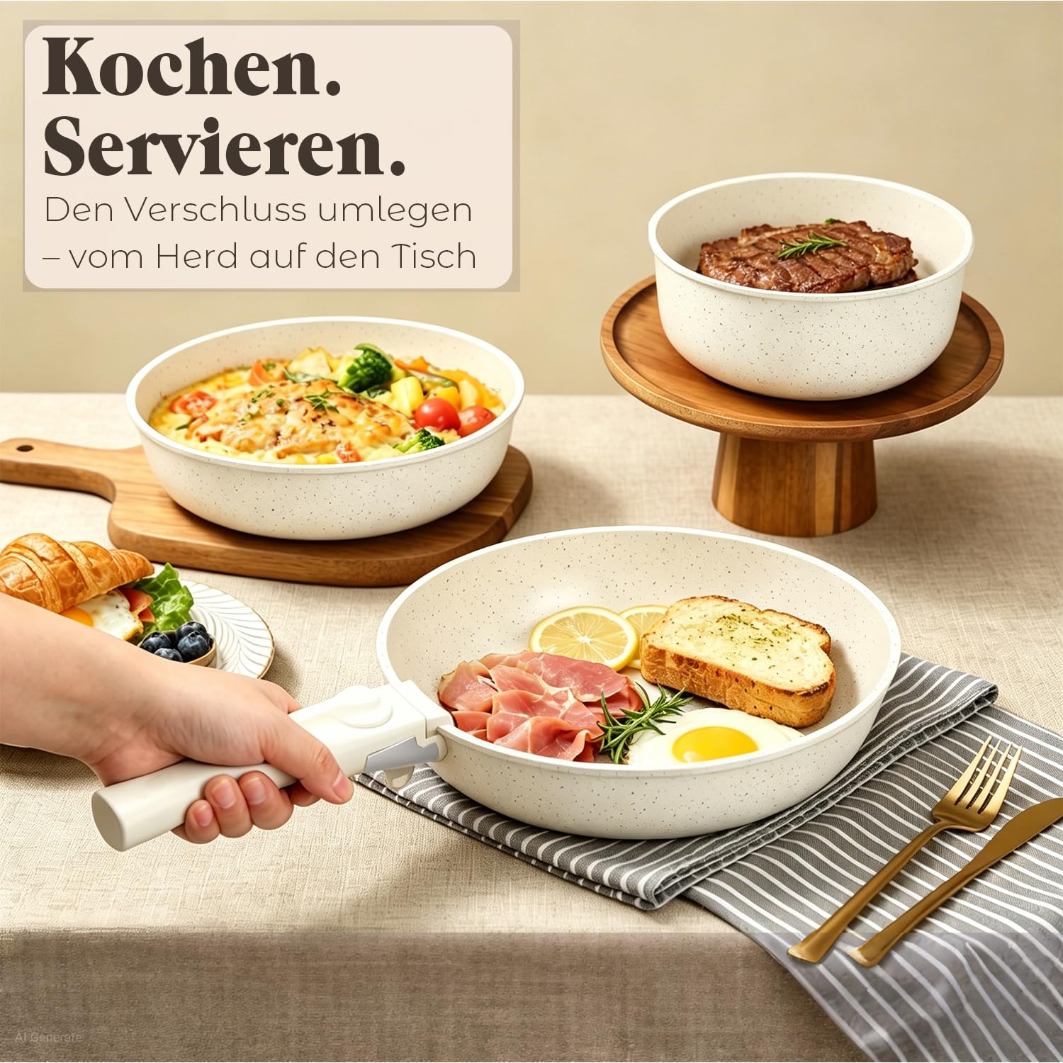 18-Teiliges Kochgeschirr Set mit Abnehmbaren Griffen, Granit Antihaft Topfsets Pfannenset, induktionsgeeignet & ofenfest, stapelbar Topfset für alle Herdarten, Ideal für Zuhause, Camping Sahne