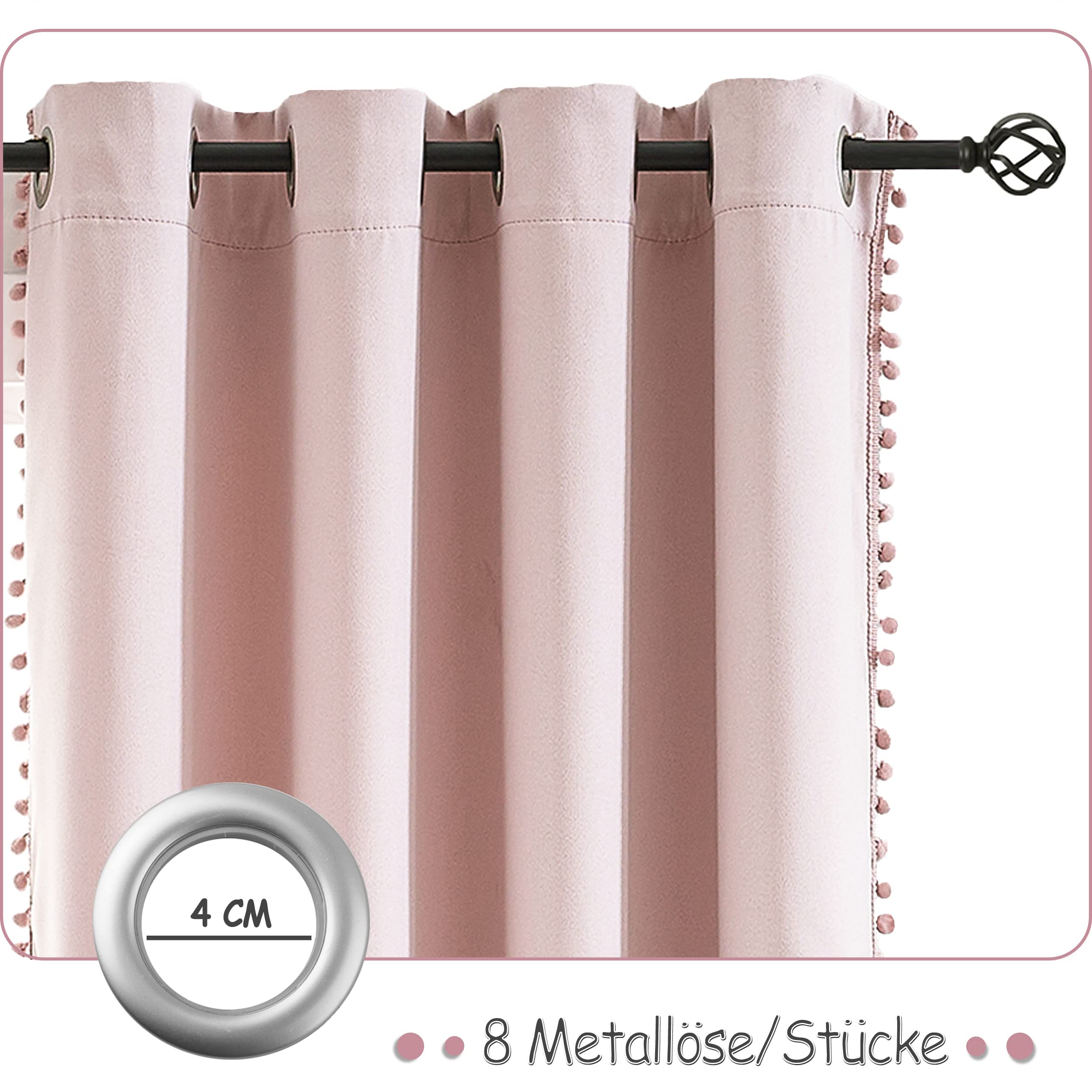 Treatmentex Blickdicht Vorhang mit Pompons Rosa Vorhang mit Ösen Landhausstil Wärmeisoliert Thermovorhang Verdunkelungsvorhänge für Mädchenzimmer,Wohnzimmer,Schlafzimmer-2 Stück(Rosa,140x225cm)