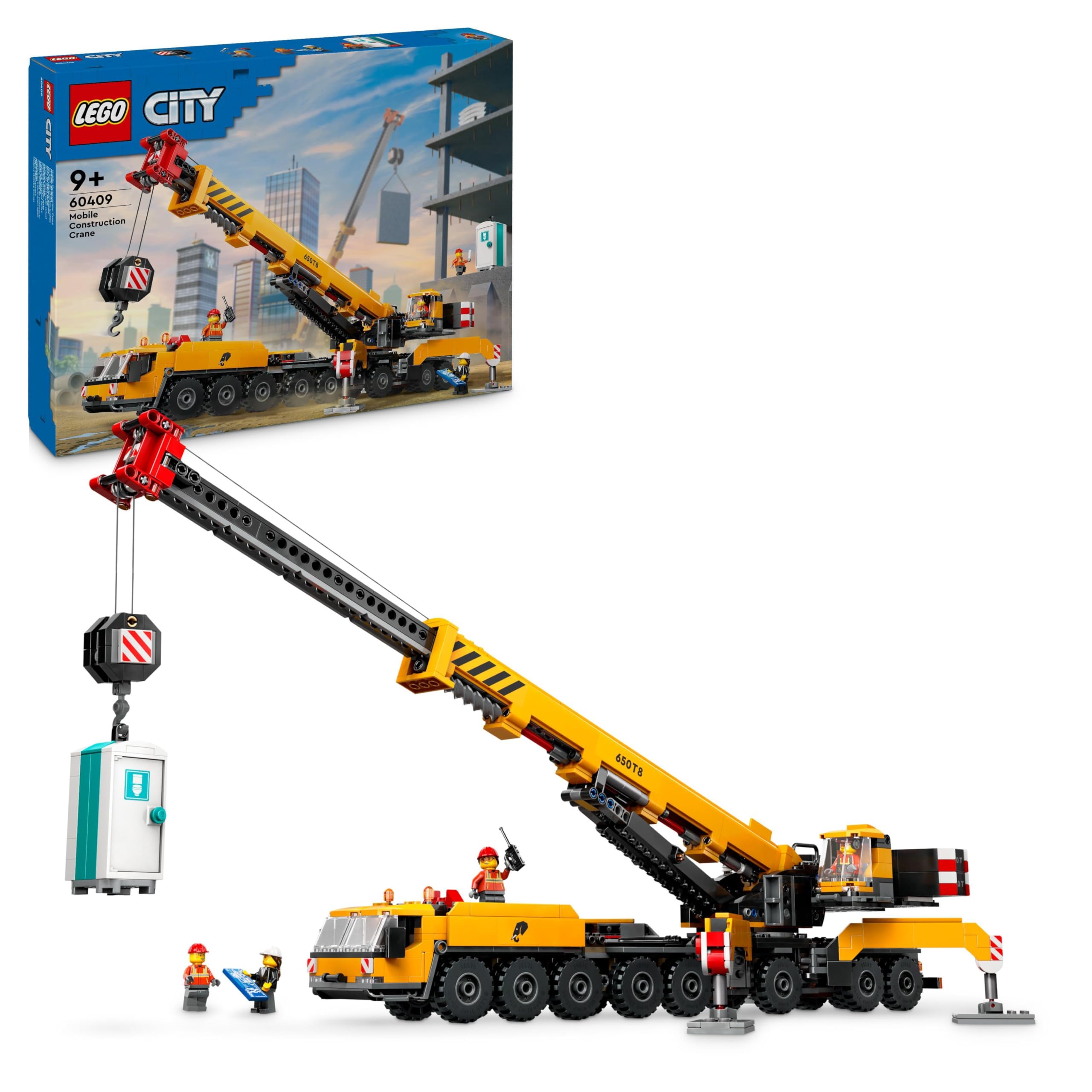 LEGO City Żółty ruchomy żuraw, dźwig, zabawka dla dziecka z wysuwanym wysięgnikiem i 4 minifigurkami do odgrywania ról, zabawki konstukcyjne dla chłopców i dla dziewczynek, prezent dla 9-latka, 60409