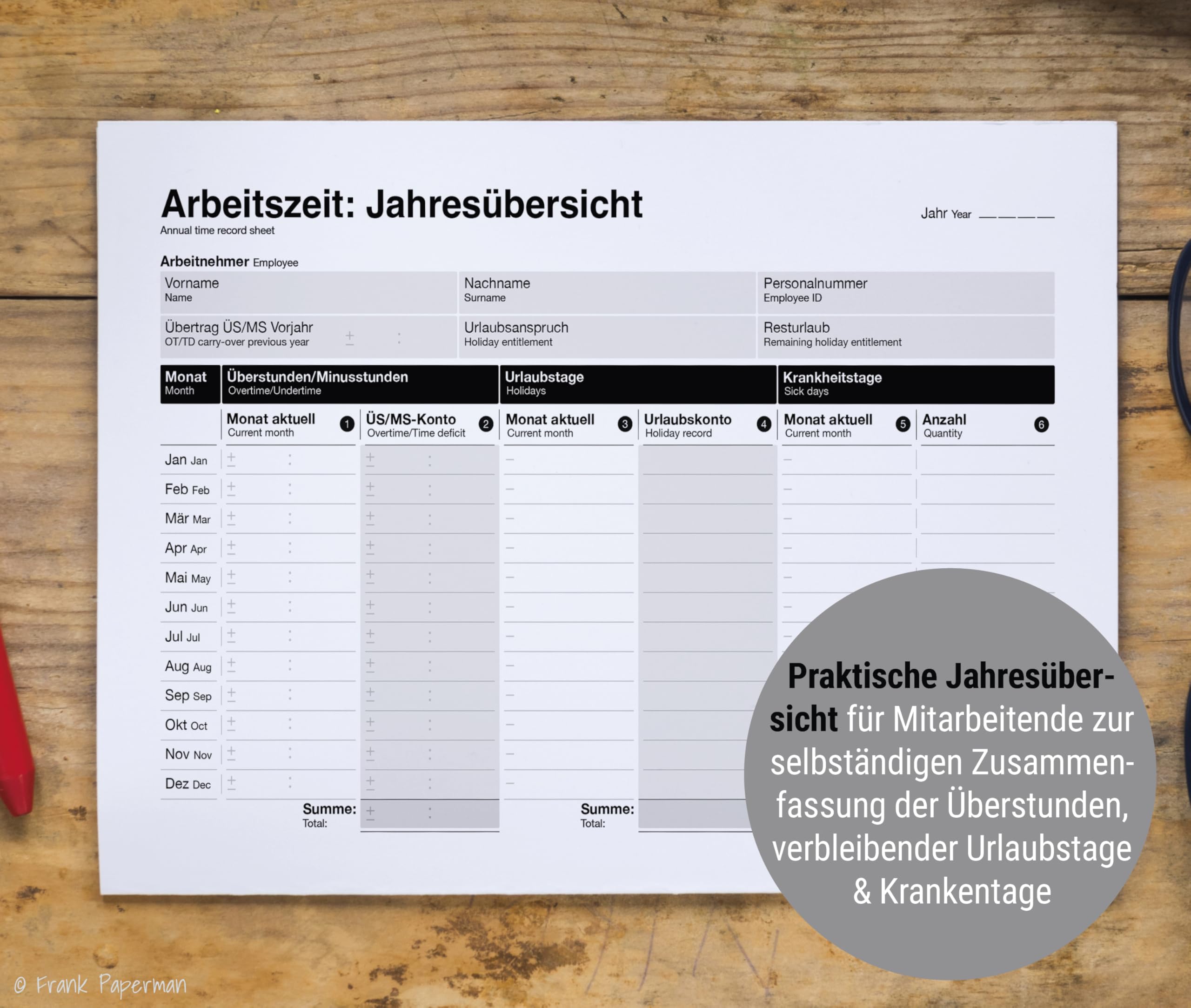 3x Set 50x Arbeitszeitnachweis Block + 4x Jahresübersichten, Arbeitszeiterfassung für Kleinbetriebe – Stundenbuch für Arbeit A4, Rechtssichere Dokumentation DE&EN vorgelocht