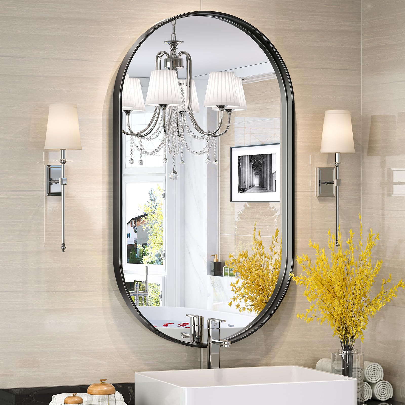 Brightify 20x36 Inch Black Oval Mirror for Bathroom, Matte Black Vanity Mirrors Metal Frame, Wall Mounted Mirror for Bedroom Fireplace Wall Decor Hang Vertical and Horizontal