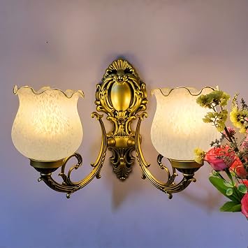 Retro Wall Sconce, 2-Light Vintage Wall Lights with Flora Glass Shade, Antiqued Vanity Wall Light Fixtures for Bedroom Living Room Bathroom Hallway Corridor Kitchen Brass