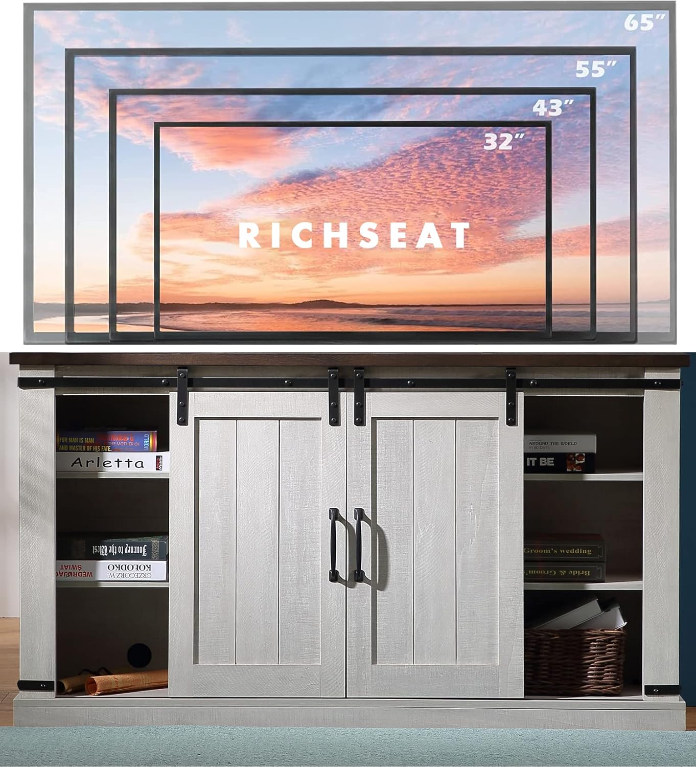 White Grey Modern Farmhouse Wood TV Stand for 65 Inch TV, Rustic TV Console Media Entertainment Center Table Living Room Storage Cabinet with Sliding Barn Door Adjustable Shelves