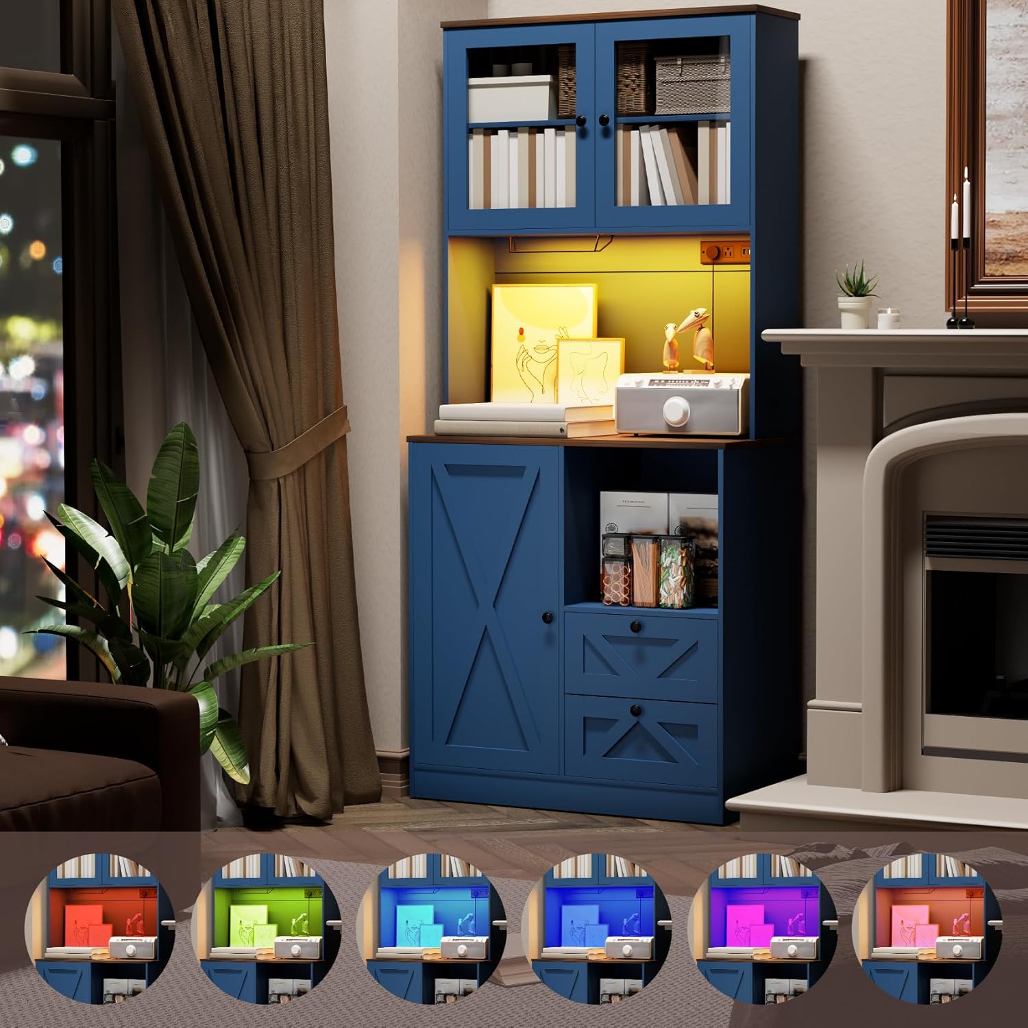 71‘’Kitchen Pantry Storage Cabinet with LED Lights and Power Outlet, Tall Farmhouse Kitchen Hutch with Microwave Stand,Globet Hooks and Adjustable Shelf for Dining Living Room,Blue