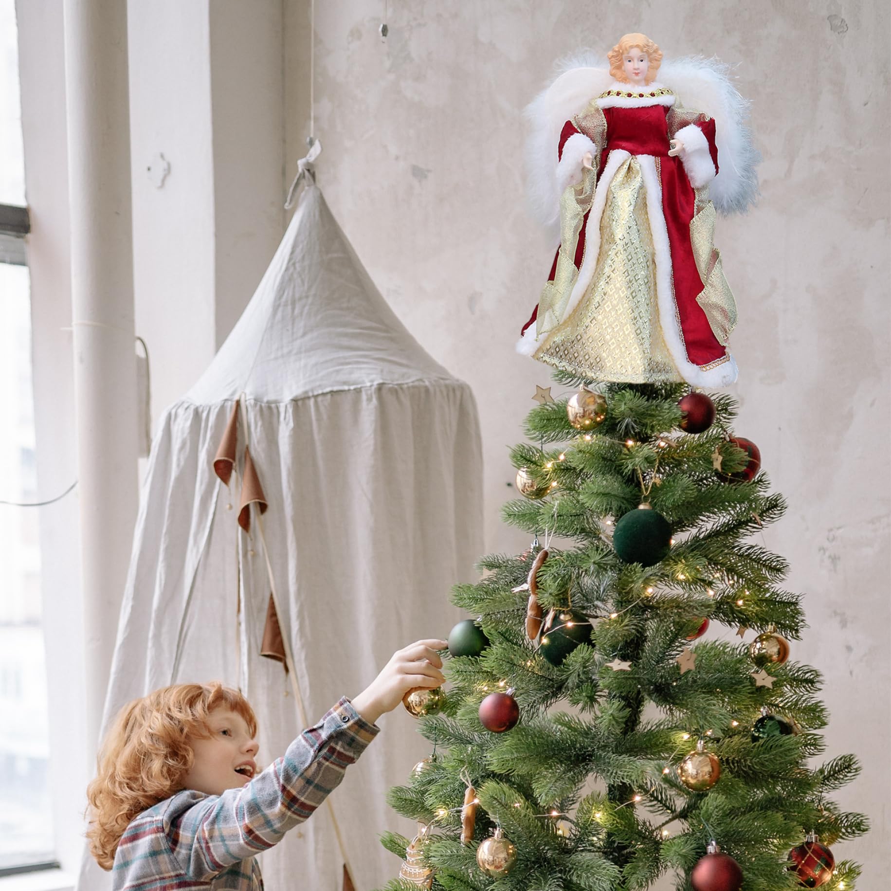 Adorno para árbol de Navidad con Forma de ángel, Adorno para árbol de ángel Rojo y Dorado de 11, 8 Pulgadas con ala emplumada para decoración navideña del hogar.