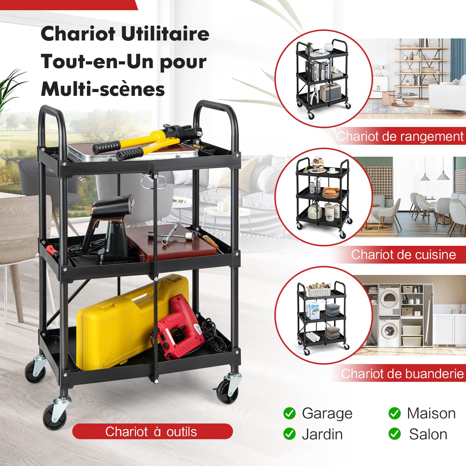 GYMAX Chariot Servante d’Atelier Pliable à roulettes 3 Niveaux, Rangement d'Outils, 2 Rouelettes avec Freins, Compartiments Trié, Cadre Métallique, pour Garage Cuisine Studio