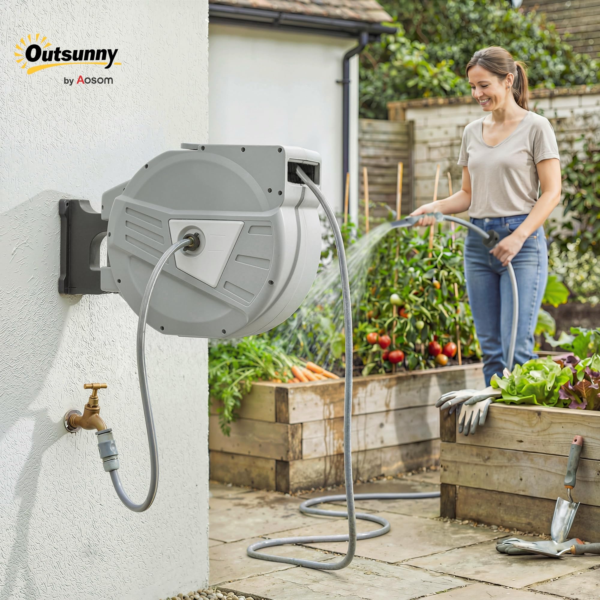 Outsunny Raccoglitore per tubo da parete 40+2 m Girevole 180° Grigio