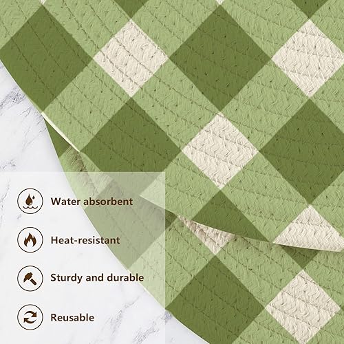 Miniatura 3 de 3 Pcs Kitchen Trivet for Hot Dishes 15in Cotton Thread Weave Pot Holder Set Holder for Hot Pot Hot Water Pad Plaid Green White