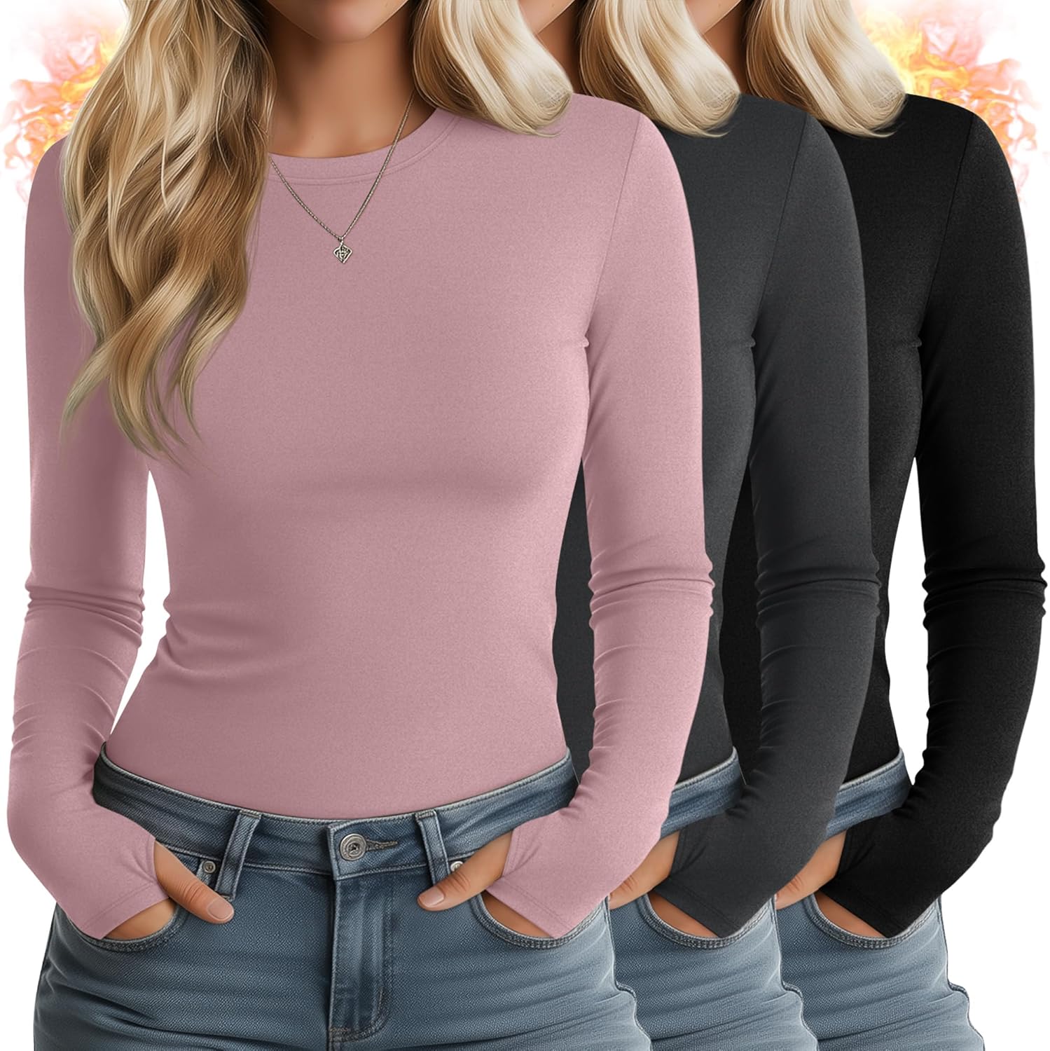 Huukeay 3 Pack Women's Thermal Shirts with Thumb Holes Long Sleeve Basic Tops Slim Fit T-Shirts Casual Soft Fleece Layer