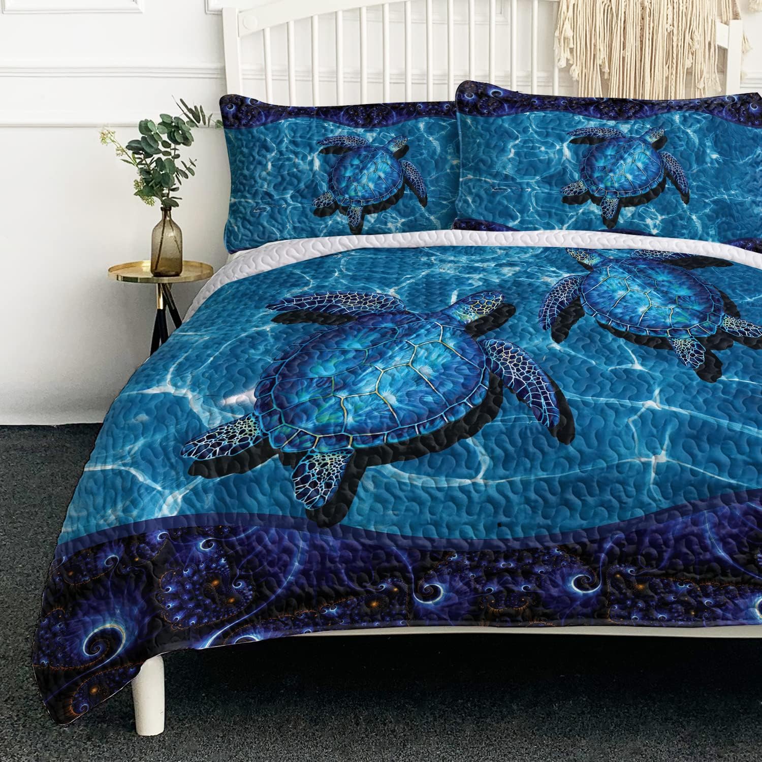 BlessLiving Turtle Quilt Set Cute Blue Under The Sea Turtle Bedspreads Queen Size