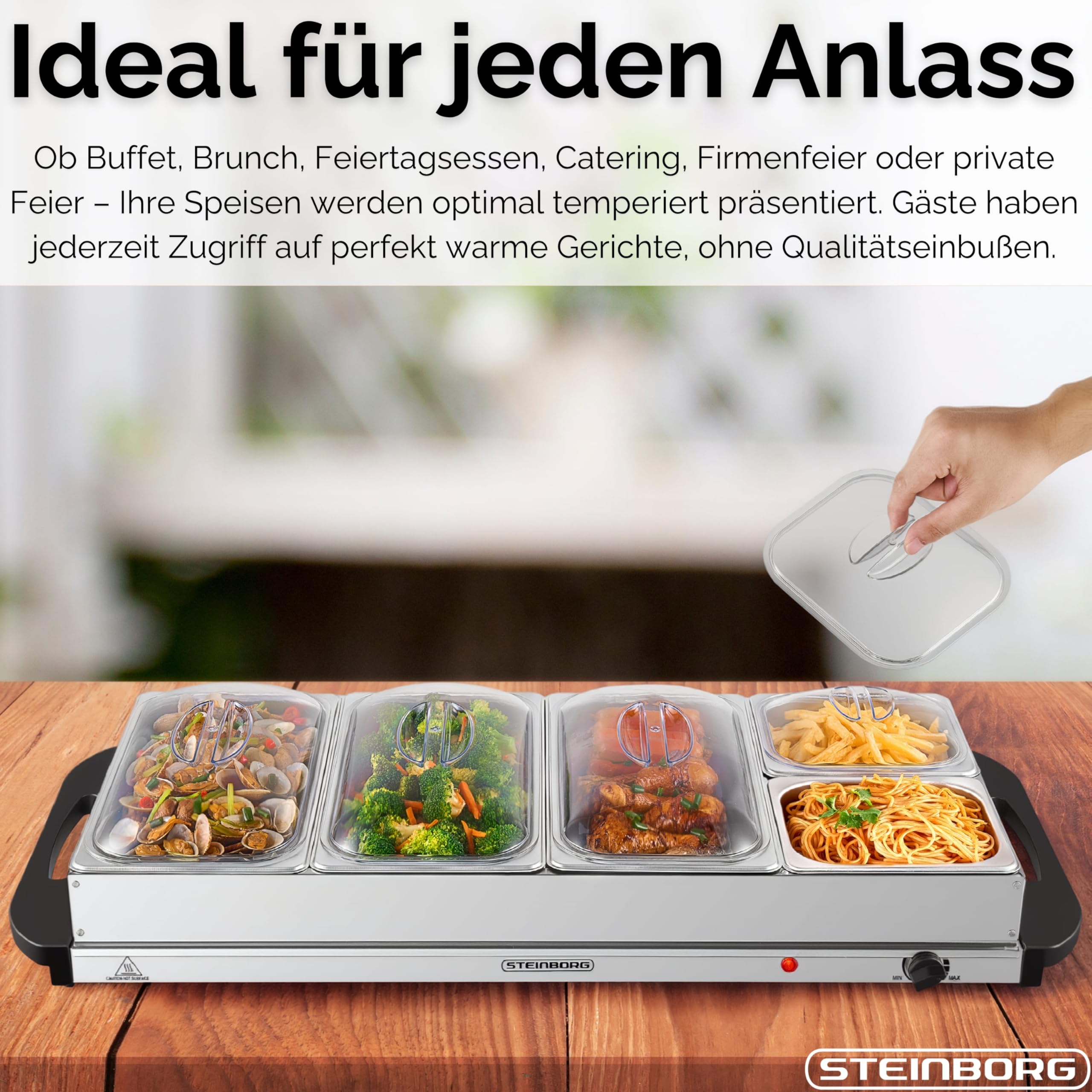 Steinborg Buffetwärmer XXL elektrische Warmhalteplatte 450 Watt 5 Speisebehälter 10 Liter