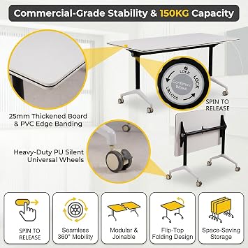 59 Folding Conference Table, Flip Top Mobile Training Table with Lockable Wheels, Modular Meeting Desk Stackable for Office Classroom Training Room Home Office (Set of 2), White