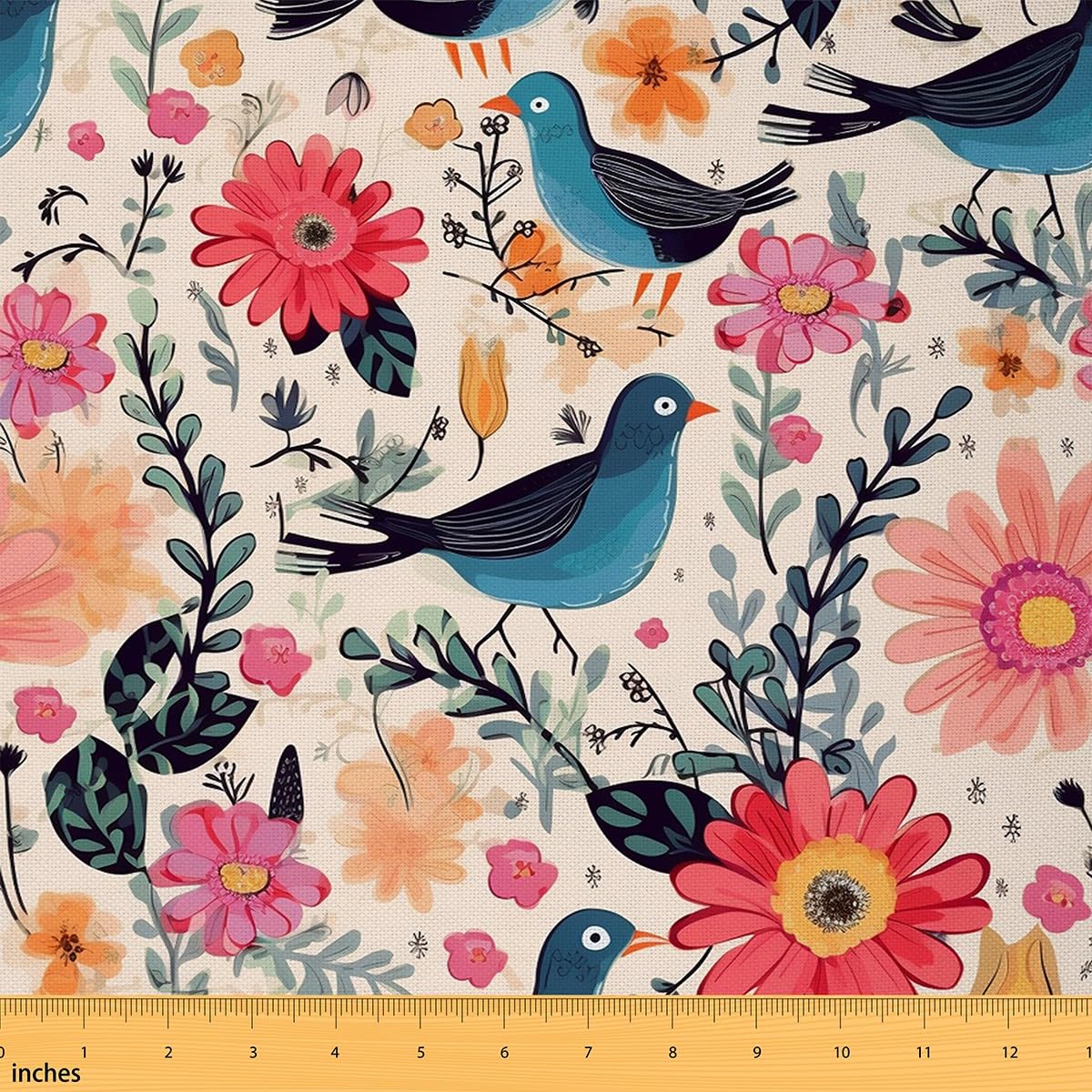Vintage Blue Birds Fabric by The Yard,Watercolor Flowers Floral Material by The Yard,Rustic Botanical Plants Fabric Panels for Quilting,Rural Country Decor Sewing,1