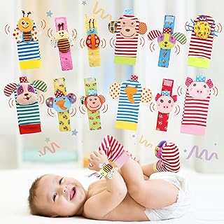 Soft Wrist Rattle, Handheld Rattles and Rattle Socks, Foot Rattle Leg Rattle Ankel Rattle, Soft Newborn Baby Rattle Toys for Infant Boy or Girl (12 PCS - CR)