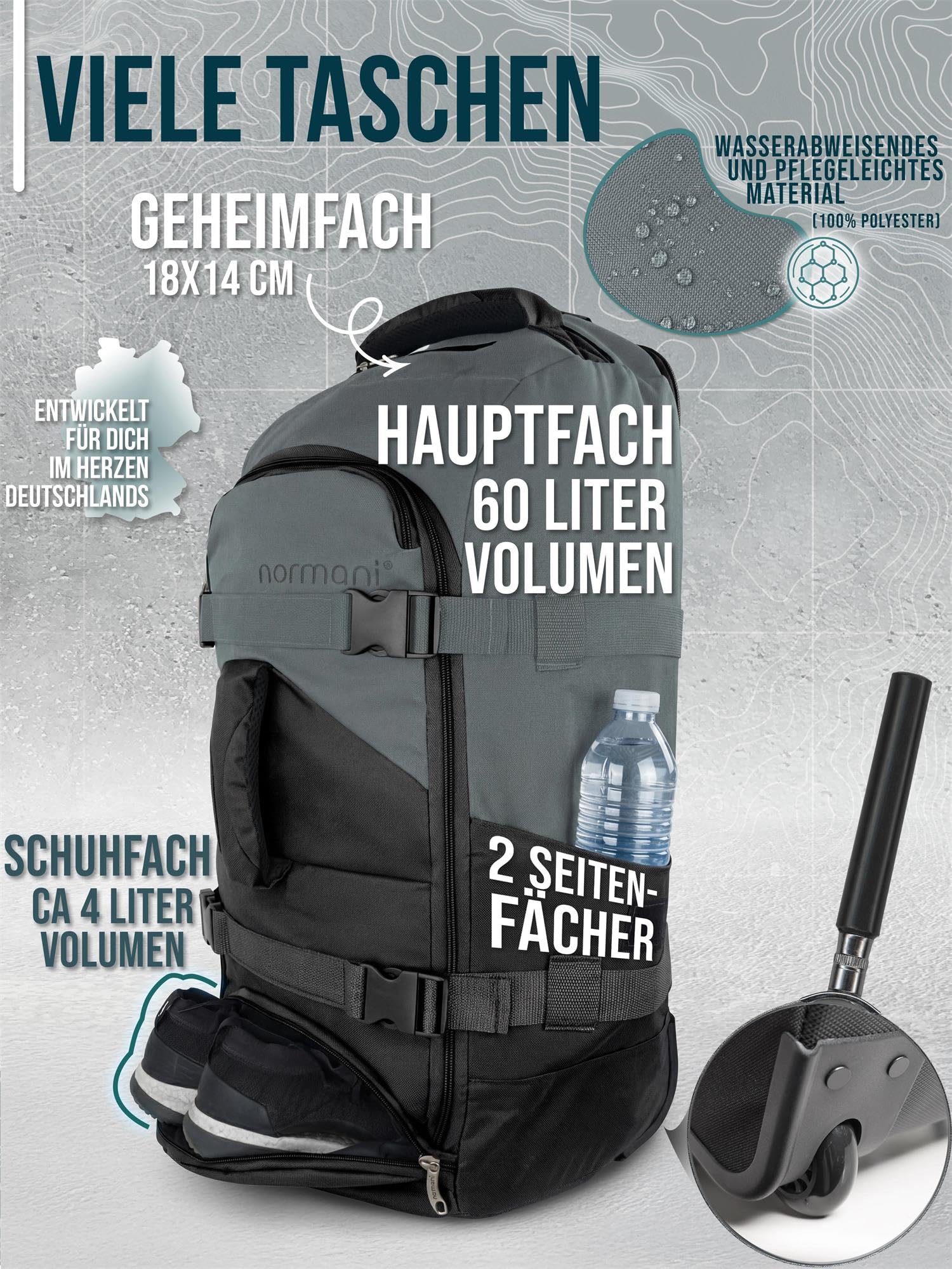 normani Backpacker Reisetaschen-Rucksack mit Trolleyfunktion - Trolley mit Frontloader Funktion und vielen Taschen 60 Liter Farbe Schwarz/Grau