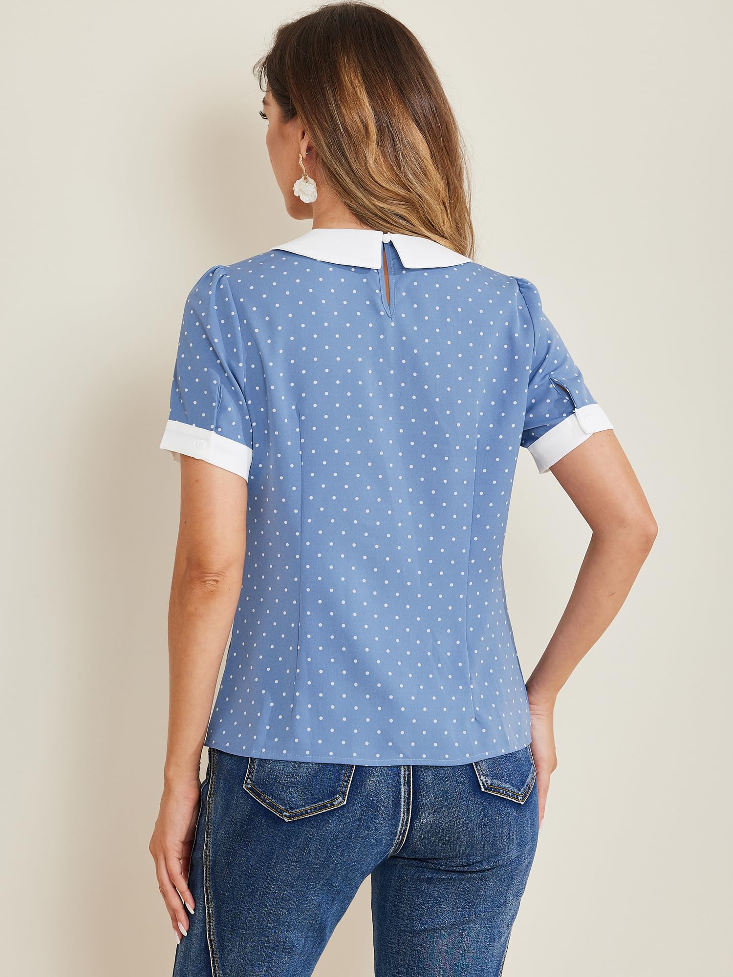 Allegra K Women's Peter Pan Collar Shirt Vintage 1950s Polka Dots Blouse: X-Small Dusty Blue