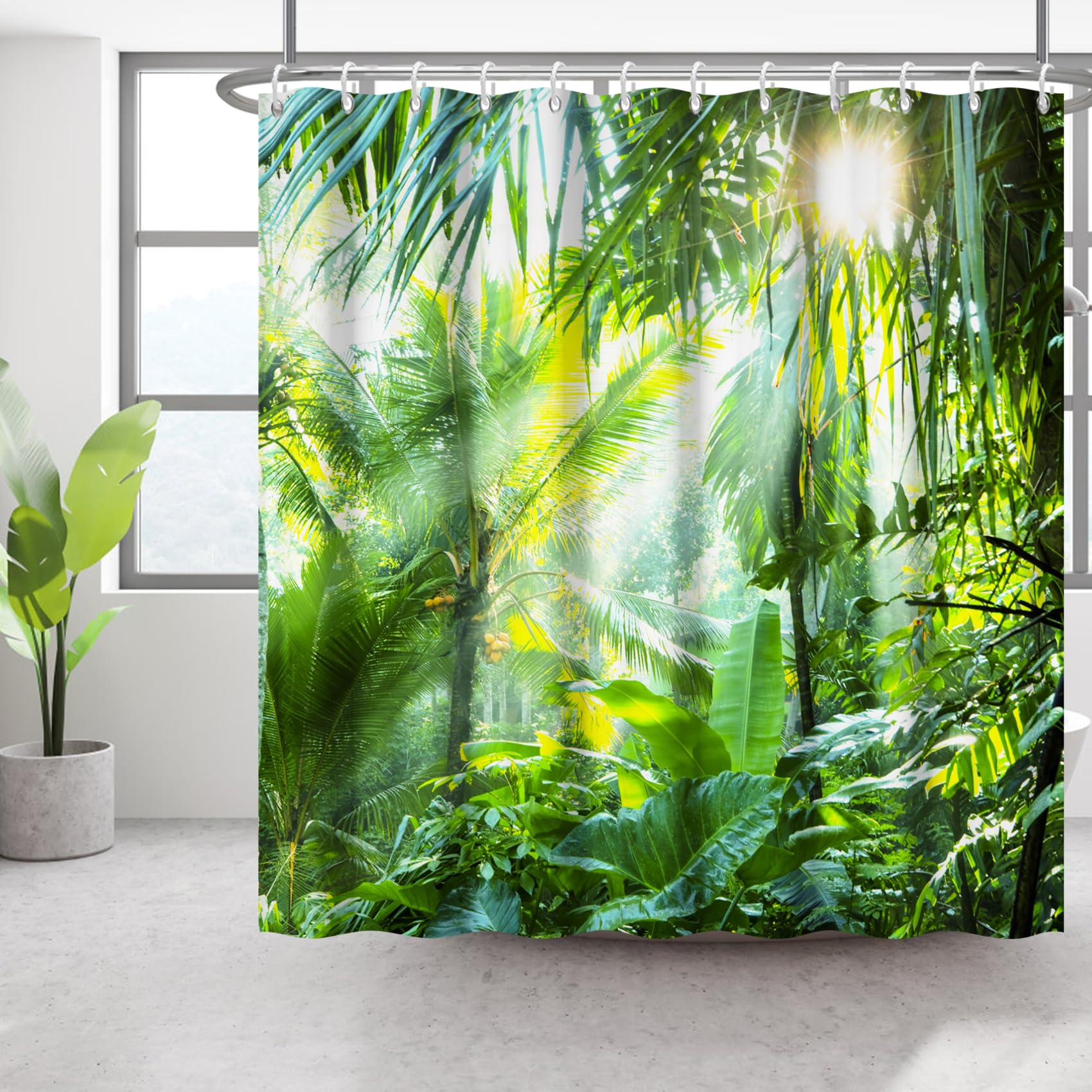 Bovlleetd 72x78inch Tropical Botanical Shower Curtain 3D Summer Scene Banana Tree Bathroom Curtain Palm Tree Warm Sunshine Shower Curtains Green Rainforest Plant Waterproof Bathtub Curtain — image 1