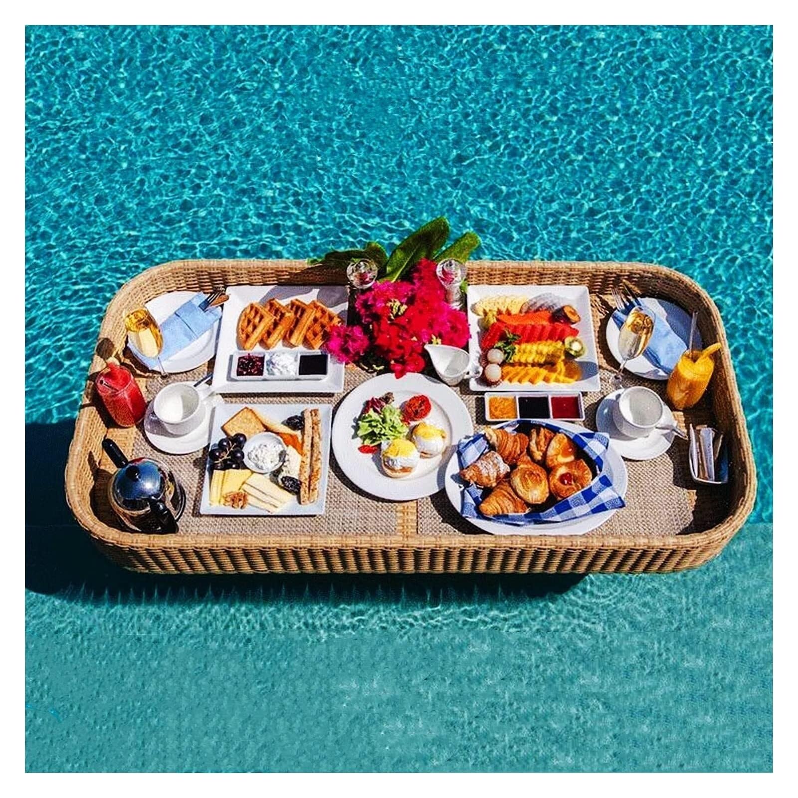 Getränkehalter Pool für Sommer Schwimmendes Serviertablett, Pooltablett, Tisch, Frühstückstablett, Rattankorb Für Hotelvilla Inflatable Bar Pool