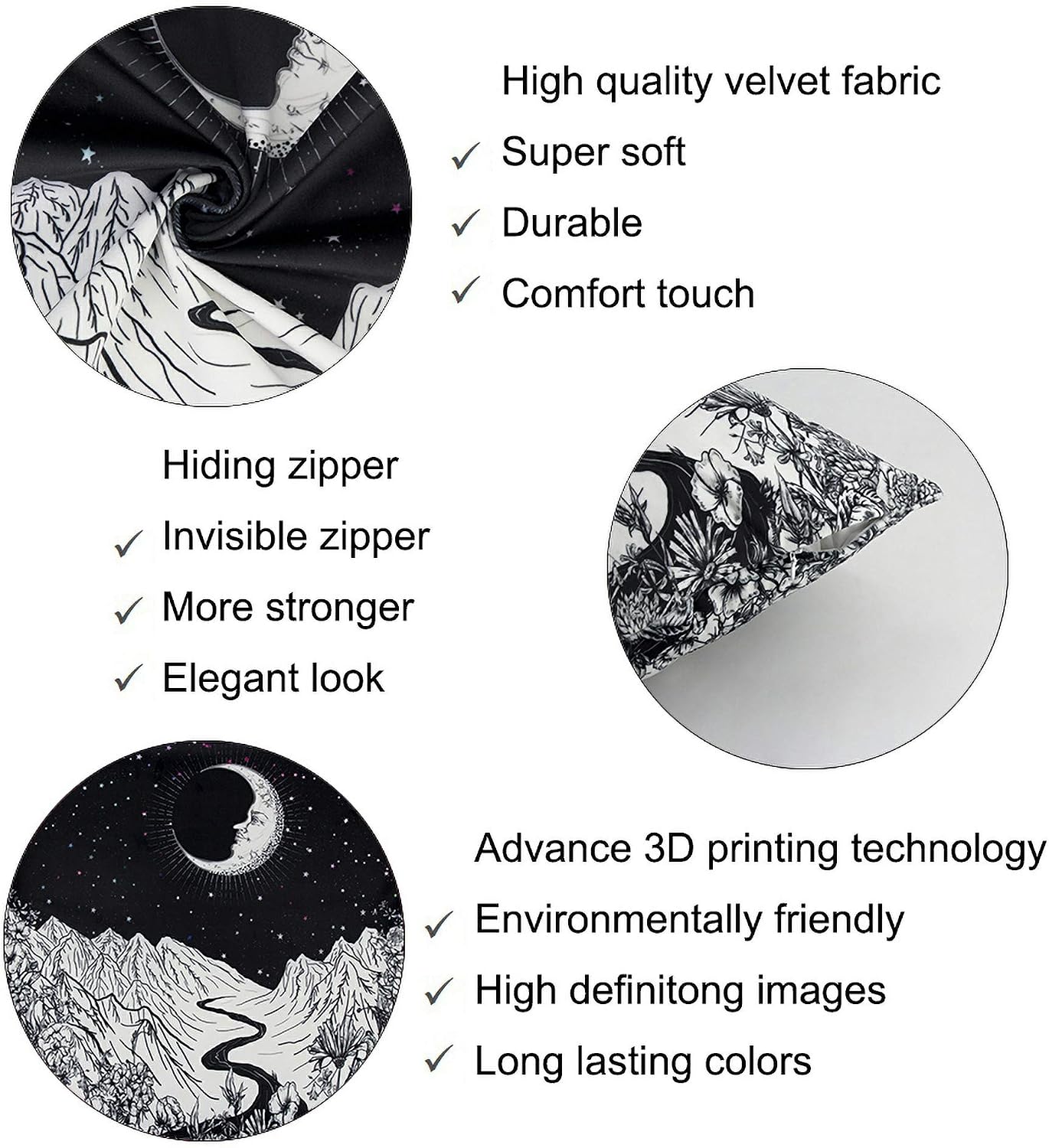 MACOFE Velvet Mountain Throw Pillow Covers Decorative Soft Cushion Covers for Sofa Outdoor Couch 18 x 18 Inch 1PCS Black White Moon
