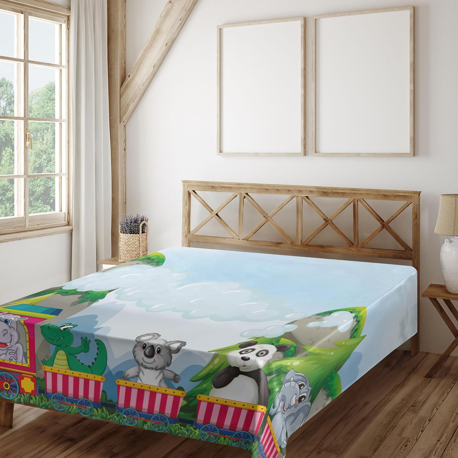 Ambesonne Cartoon Flat Sheet, Various Animals Riding on Train in The Park with Mountains Illustration, Soft Comfortable Top Sheet Decorative Bedding 1 Piece, Full Size, Multicolor