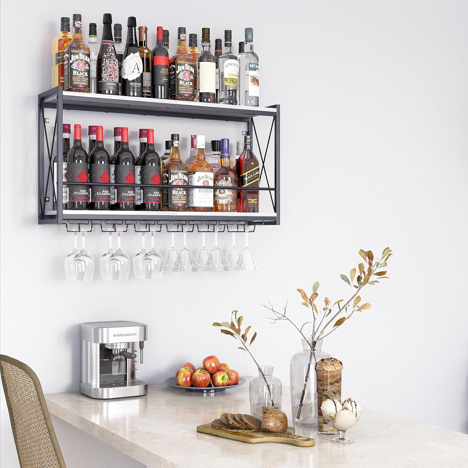 Dokser Wine Rack Wall Mounted Shelf - 2 Tier, Rustic Wood & Industrial Iron Frame Wine Bottle Holder for Kitchen, Dining Room, Home Bar Decor (White)